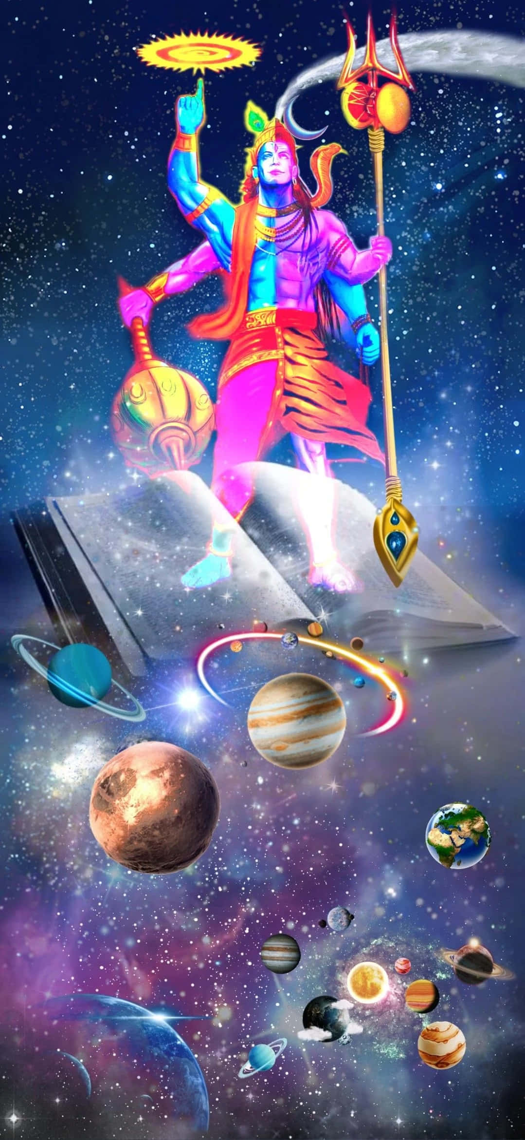 克里希那 桌布 壁紙 — 一位多臂的宇宙神祇站在一本打開的書上，周圍是行星和星星，處於充滿活力的星系中。