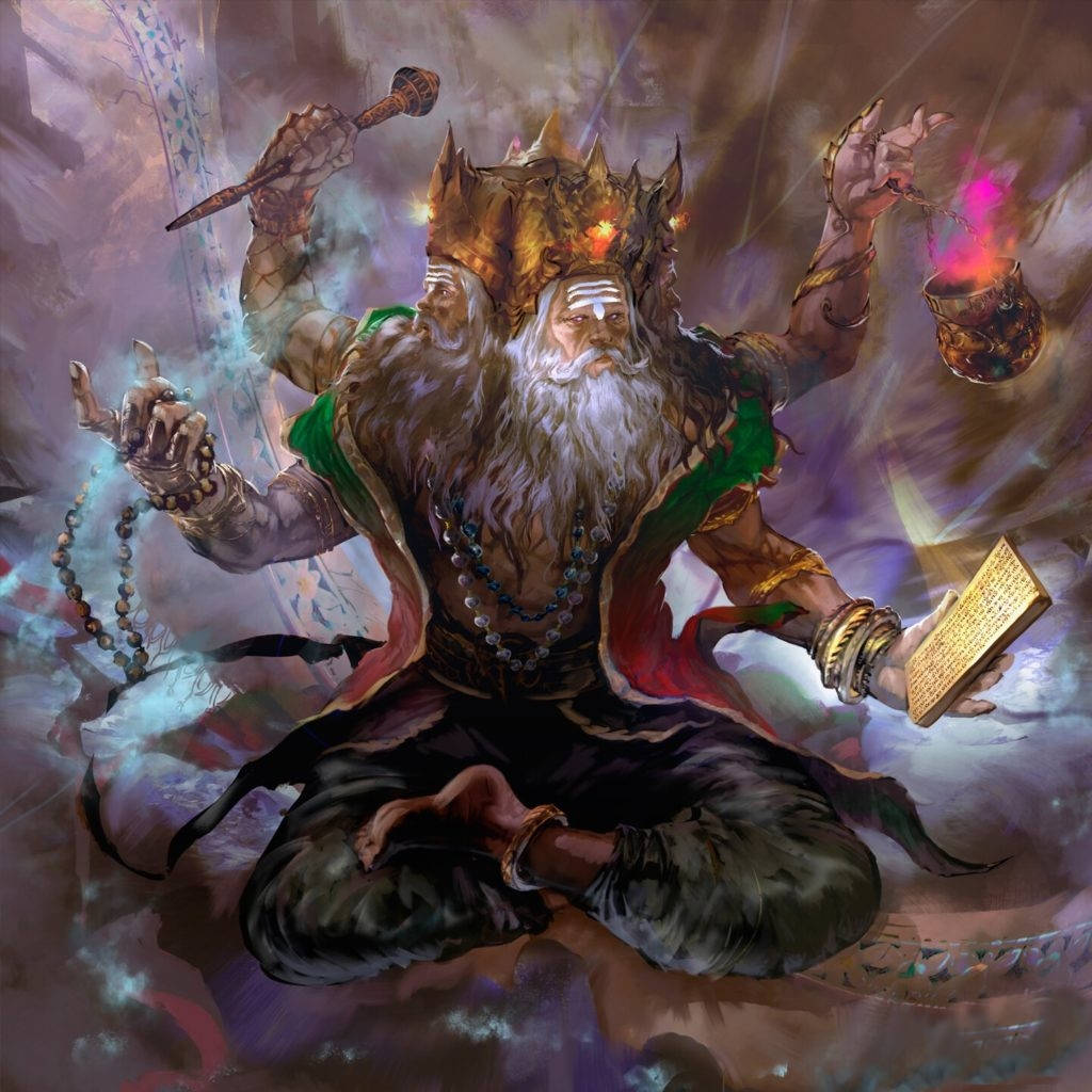 Vishnu 桌布 壁紙 — 一位多臂神聖人物，頭戴皇冠，長鬍鬚，在冥想中坐著，手持神秘物品，背景是旋轉的宇宙。