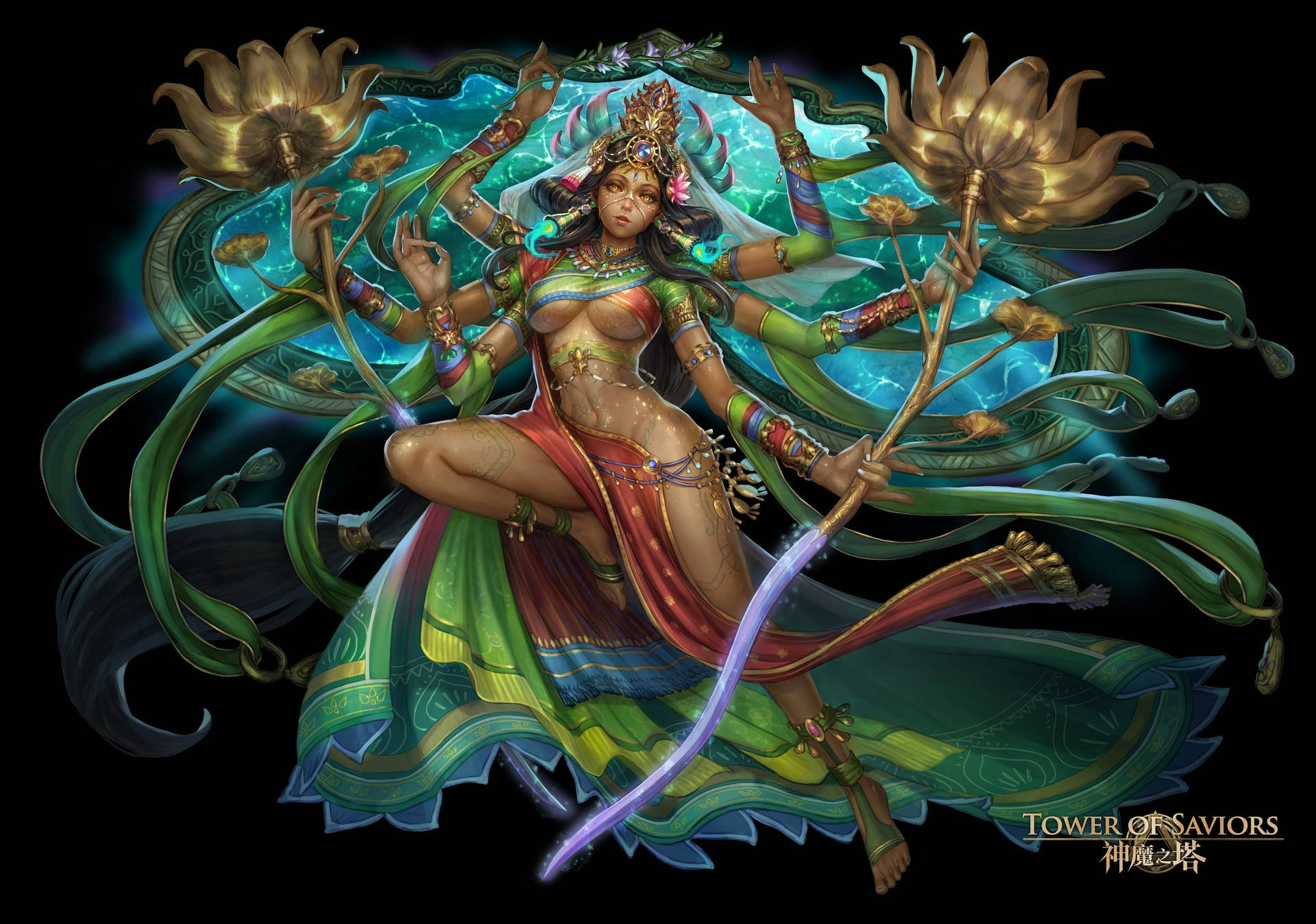 桌布 壁紙 — 一位多臂神聖女神，身披飄逸的綠色長袍，手持金色蓮花，漂浮在發光的青綠色光環中。