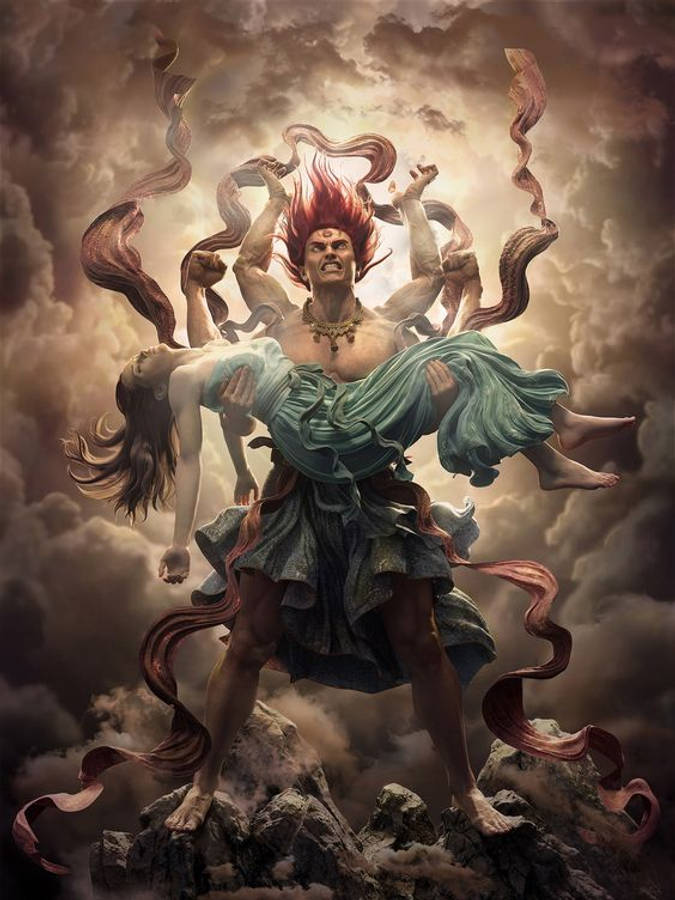 angry shiva 桌布 壁紙 — 一位多臂神聖戰士，擁有火紅的頭髮，站在崎嶇的岩石上，懷抱著一位身穿飄逸青綠色長袍的女子，背景是暴風雨多雲的天空。