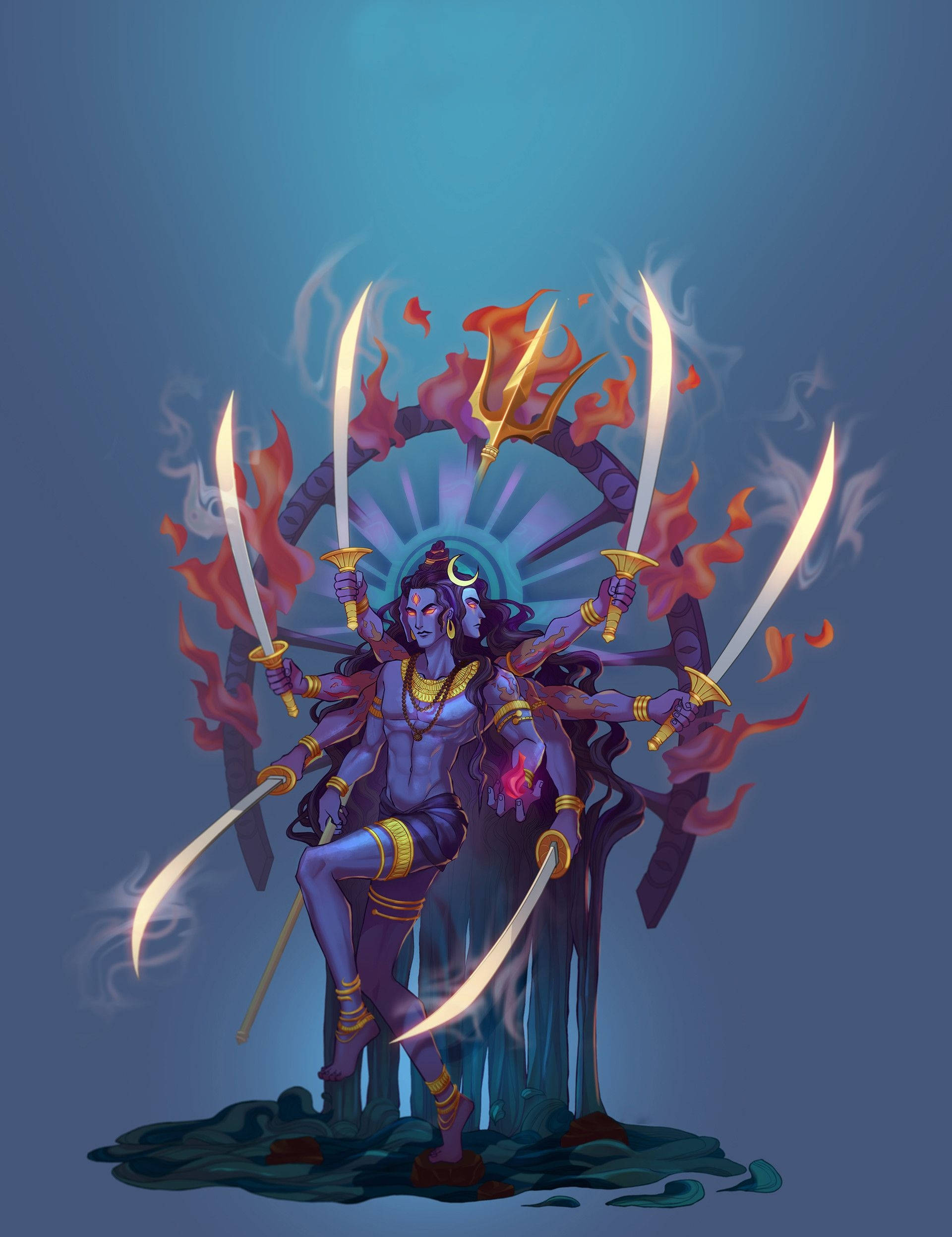 Vishnu 桌布 壁紙 — 一位多臂藍皮膚的神祇，頭戴新月冠冕，揮舞著火焰劍和三叉戟，背景是發光的藍色。