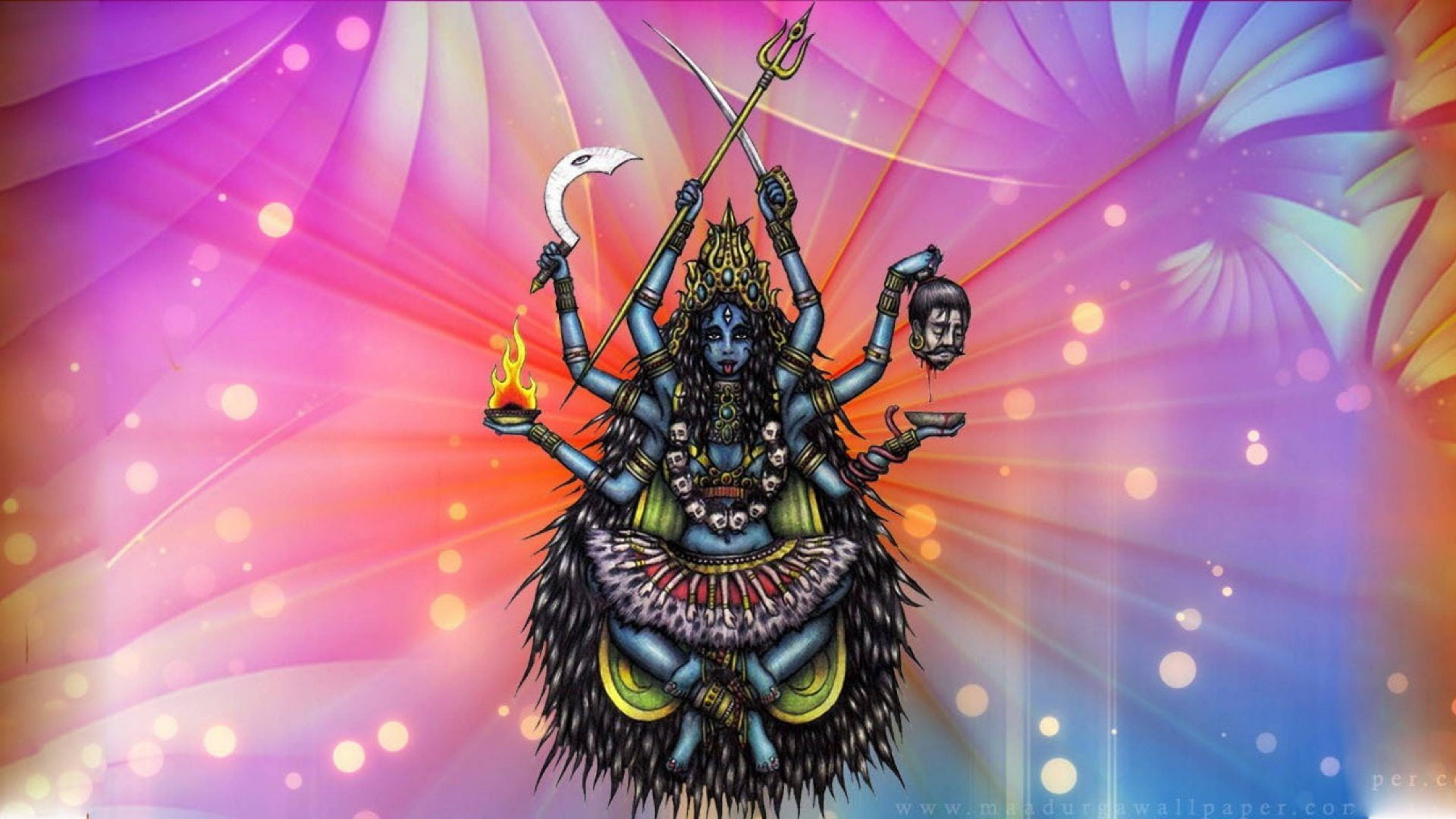 Goddess 桌布 壁紙 — 一位多臂藍色女神，手持新月和三叉戟，騎著獅子，背景是絢麗的紫色和粉紅色宇宙。