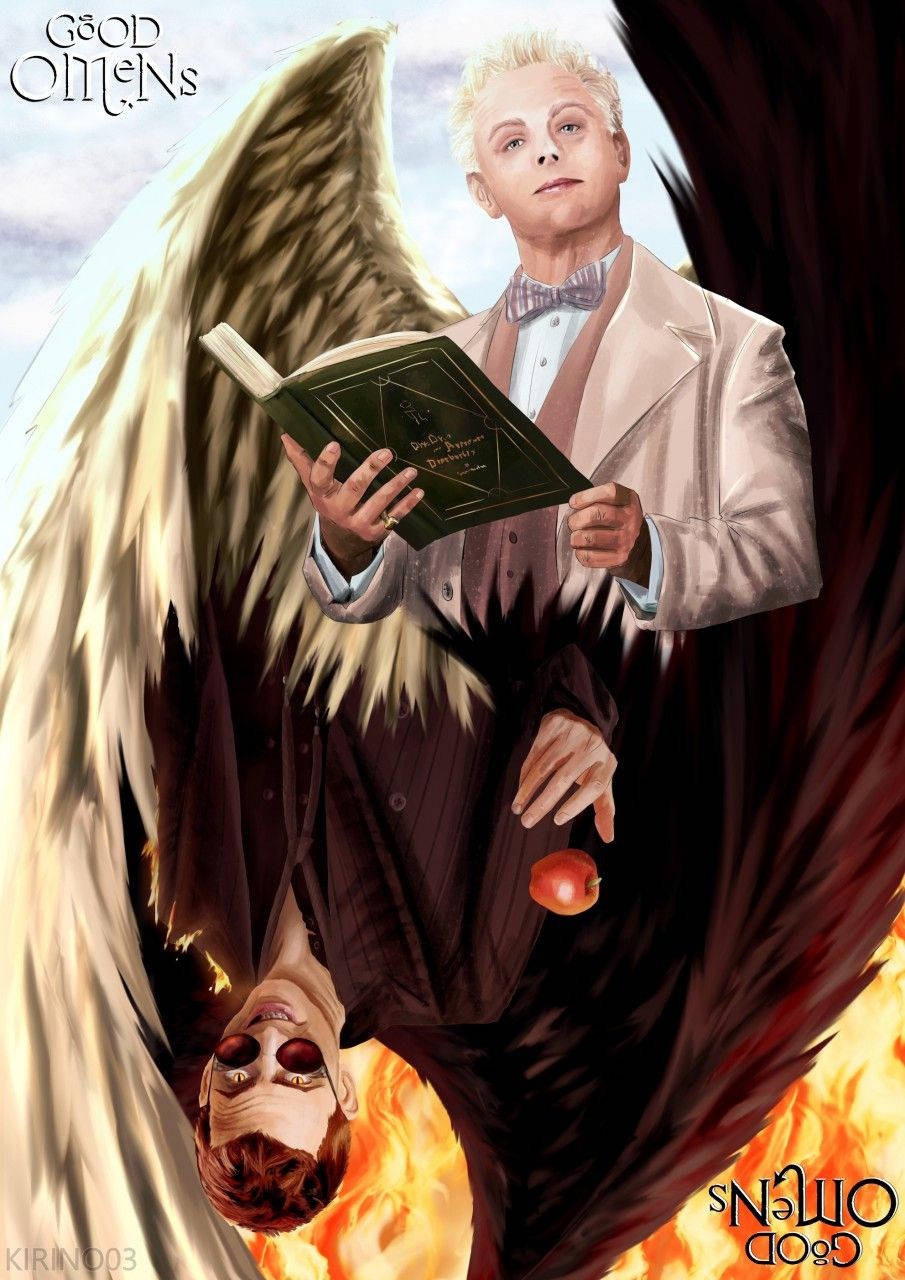 Good Omens 桌布 壁紙 — 一位天使拿著一本書，白色翅膀，而一個魔鬼在他下方搖晃，紅色眼睛和火焰翅膀，拿著一個蘋果。