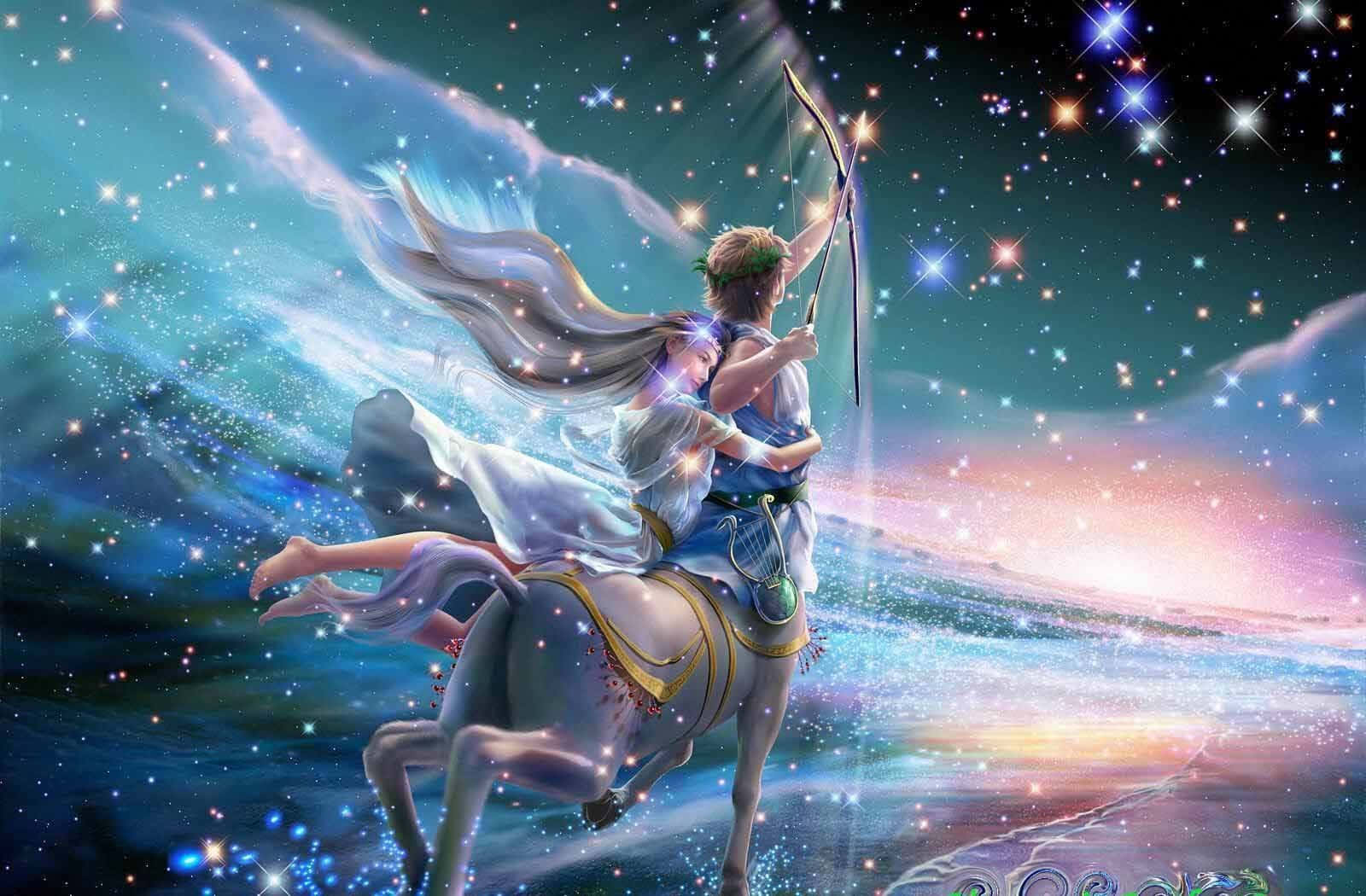 sagittarius 桌布 壁紙 — 一位天界弓箭手騎著一匹有翼的馬，穿越星光燦爛的宇宙天空，伴隨著發光的星雲和耀眼的光跡。