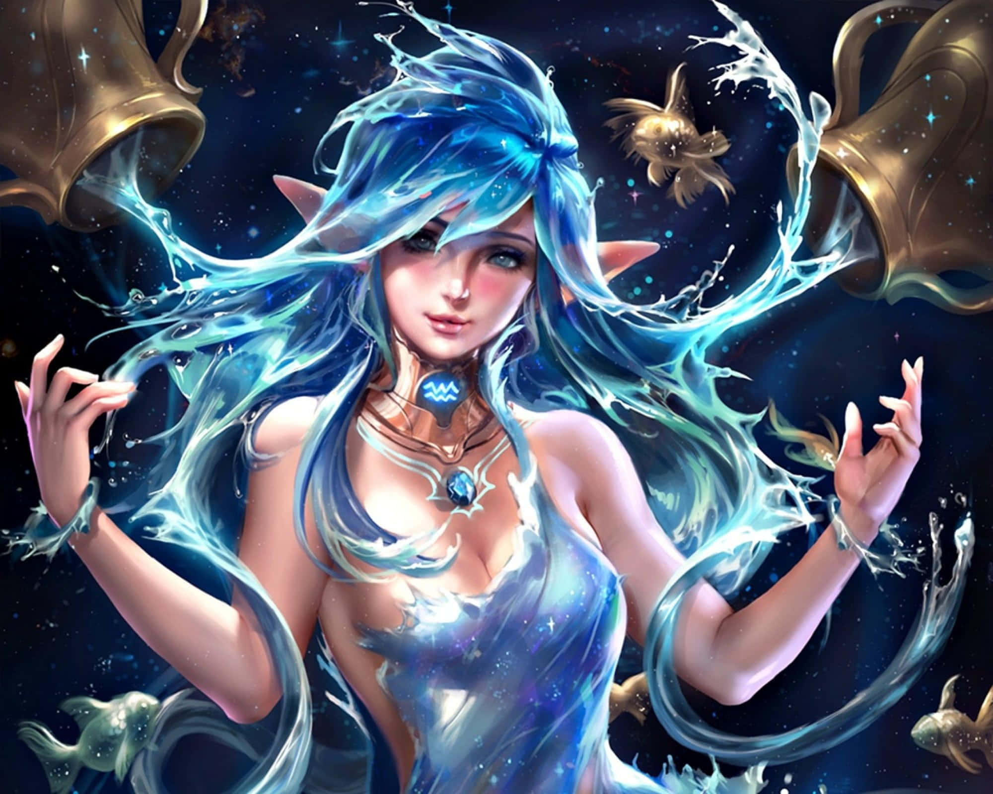 Zodiac Sign 桌布 壁紙 — 一位天界水精靈，擁有飄逸的藍色頭髮和長袍，在星光燦爛的宇宙背景下從金色甕中召喚出發光的水。