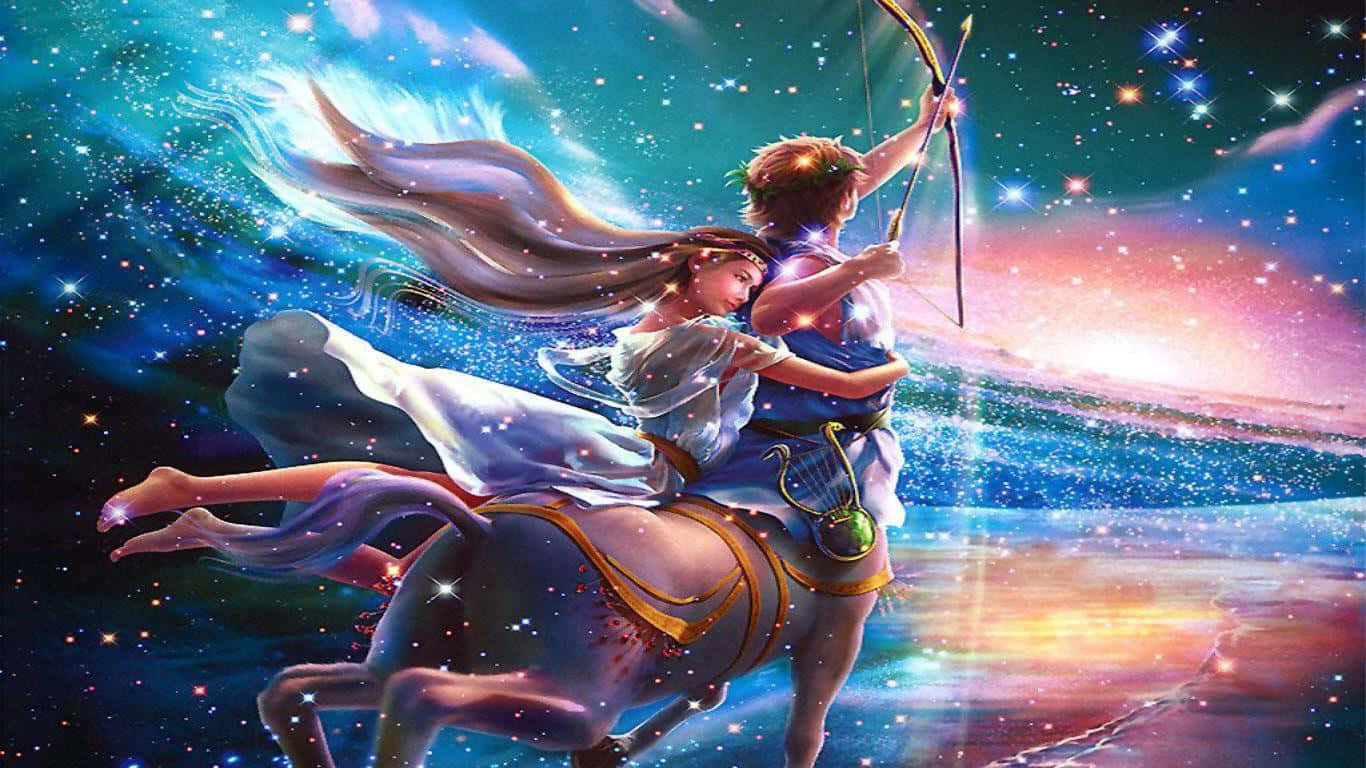 sagittarius 桌布 壁紙 — 一位天體弓箭手與同伴騎著一匹星光閃耀的馬，穿越充滿發光星星和絢麗色彩的宇宙星雲。