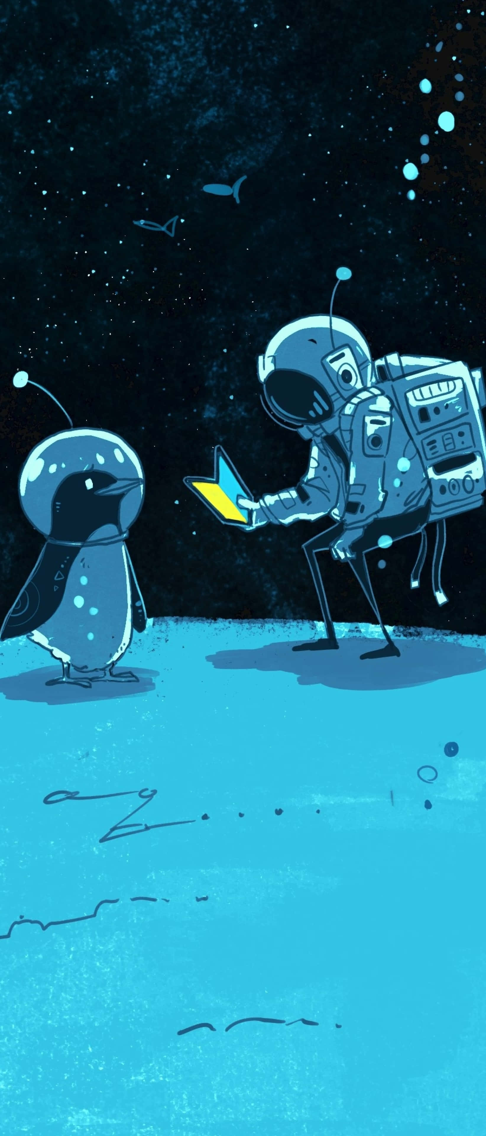 銀河 桌布 壁紙 — 一位太空人和一隻企鵝穿著太空衣，在星空下與漂浮的魚一起分享一本發光的書。