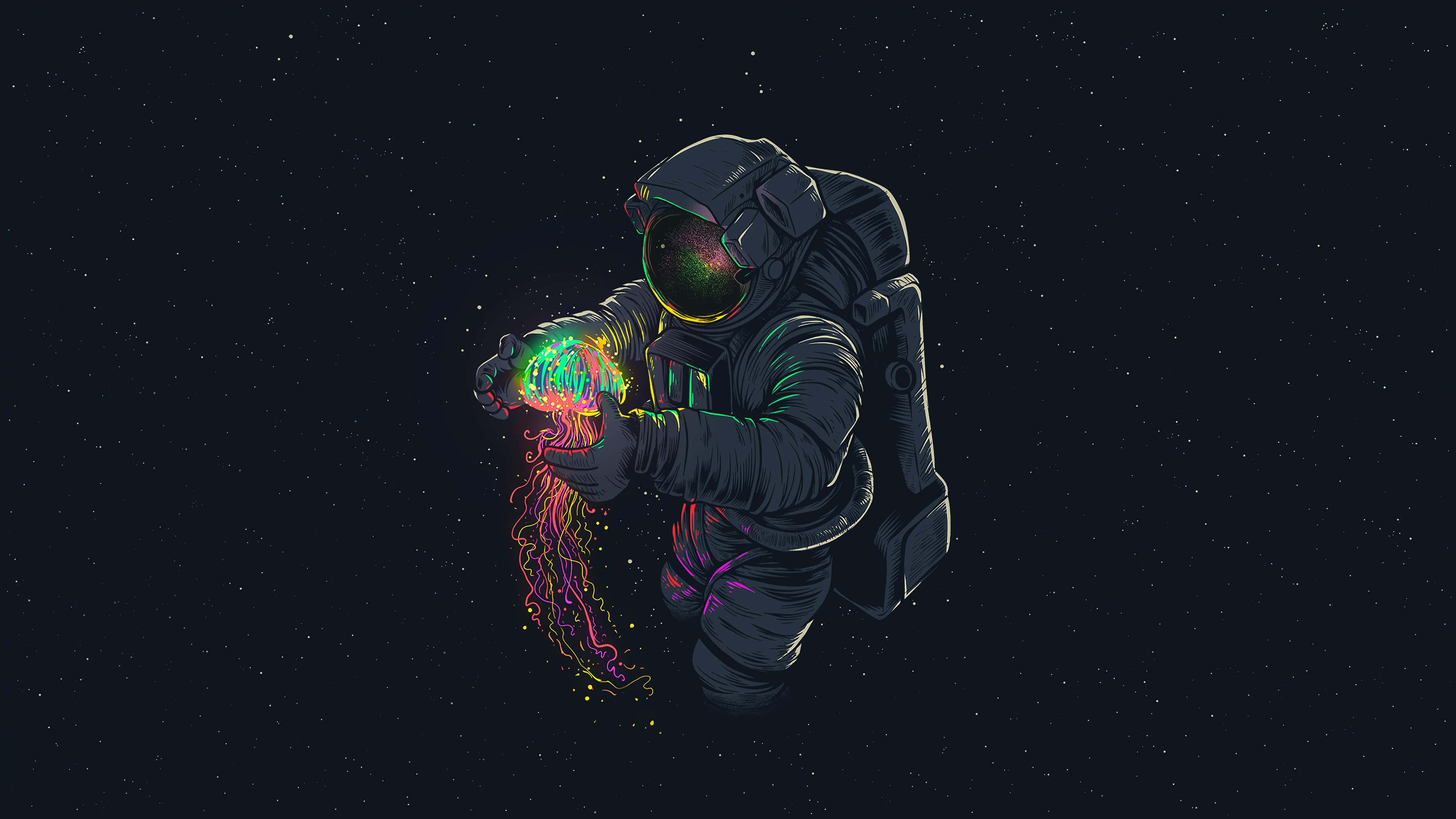 Space Art 桌布 壁紙 — 一位太空人在太空中輕輕地拿著一個發光的霓虹水母，背景是滿天星斗的宇宙。
