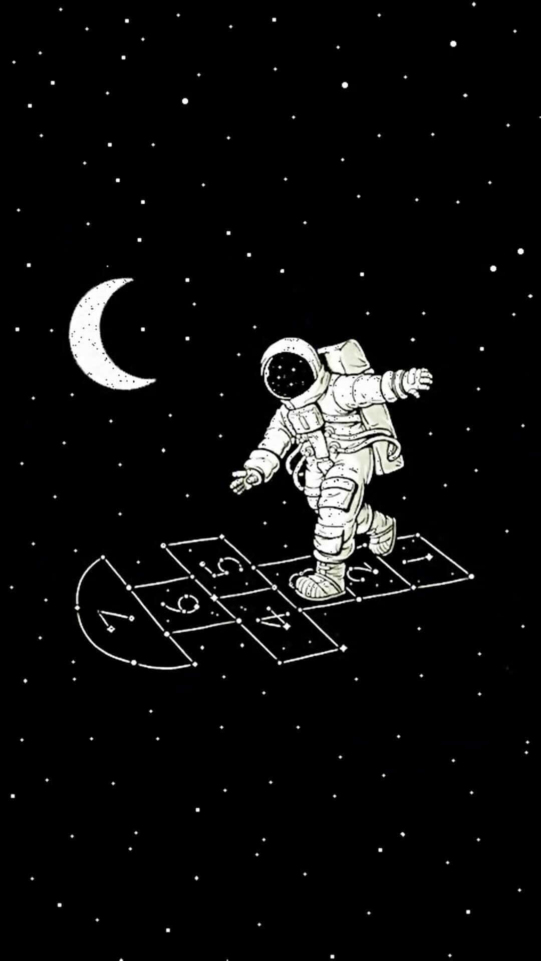 塗鴉動圖 桌布 壁紙 — 一位太空人在星空上玩跳房子，頭頂有新月，以極簡黑白線條繪製。