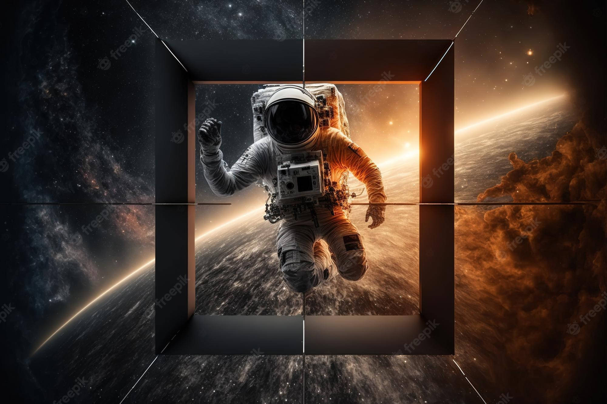 太空人 桌布 壁紙 — 一位太空人漂浮在一個發光的宇宙門口，周圍是星空和熾熱的行星地平線。