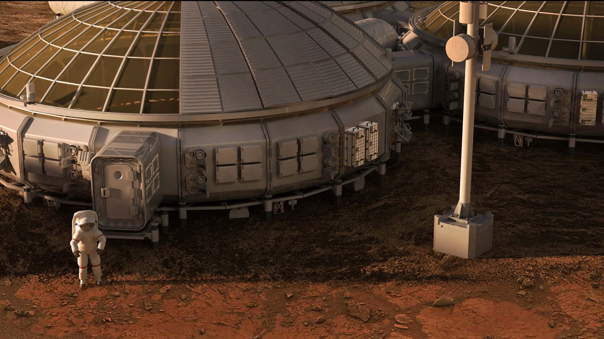 The Martian 桌布 壁紙 — 一位太空人站在一個圓頂棲息地前，位於一個帶有塵土地形和未來主義結構的紅色外星行星上。