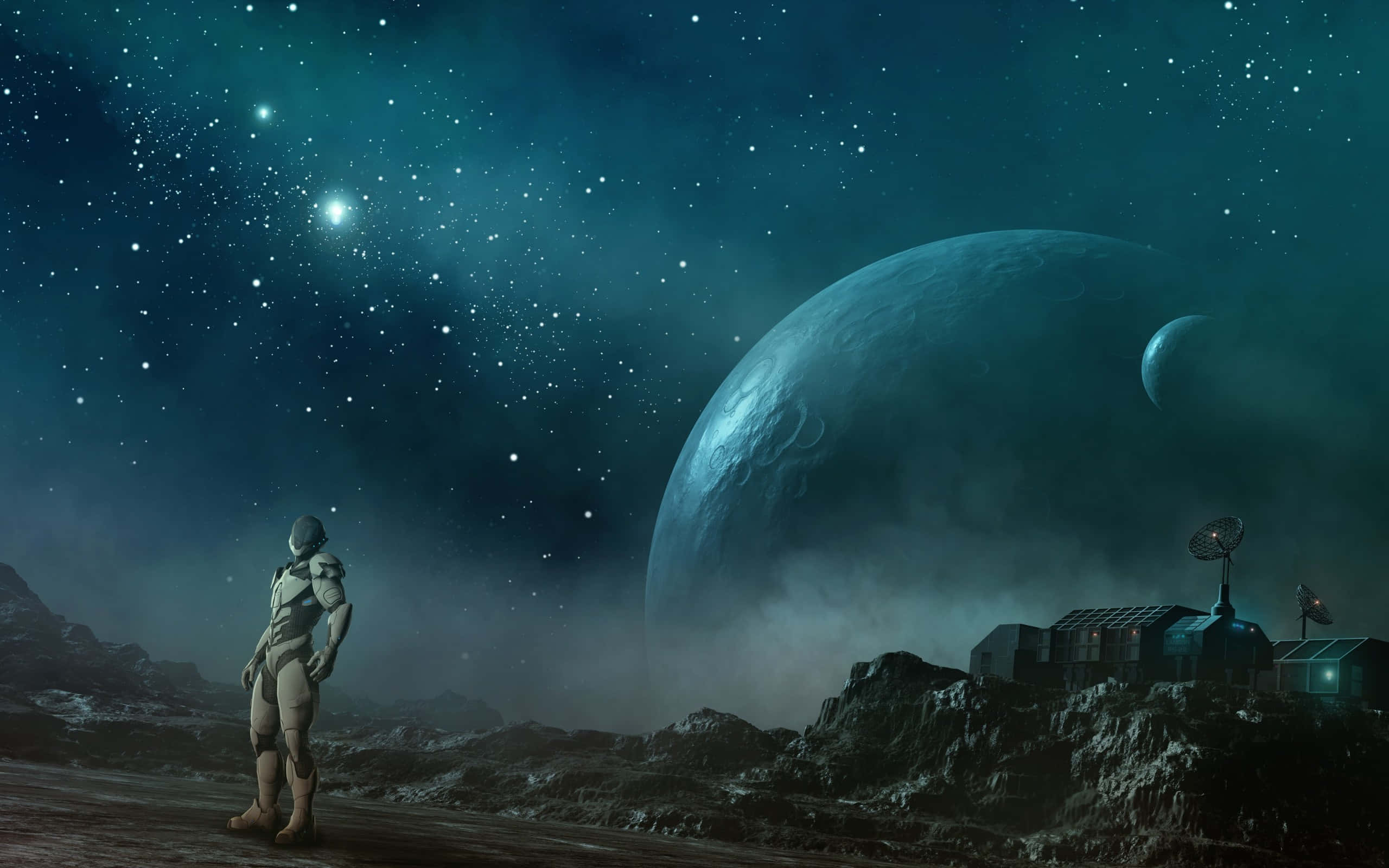 Future 桌布 壁紙 — 一位太空人站在岩石遍佈的外星行星上，凝視著一顆巨大發光的藍色月亮和滿佈星辰的藍綠色天空。