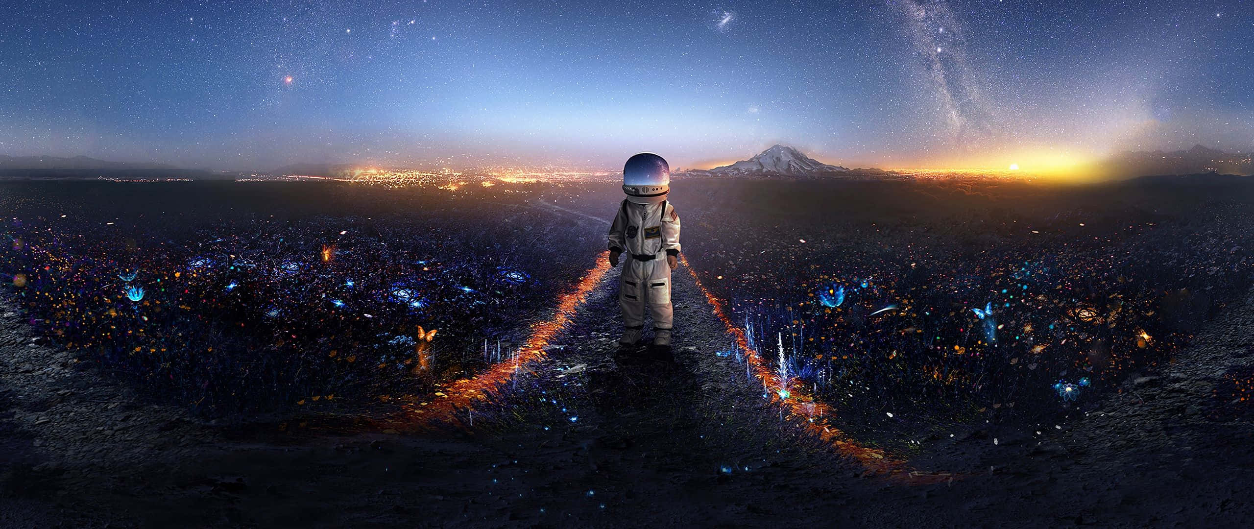 astronaut aesthetic 桌布 壁紙 — 一位太空人站在暮色中的宇宙景觀上，周圍有發光的粒子，遠方是星空下的城市天際線。