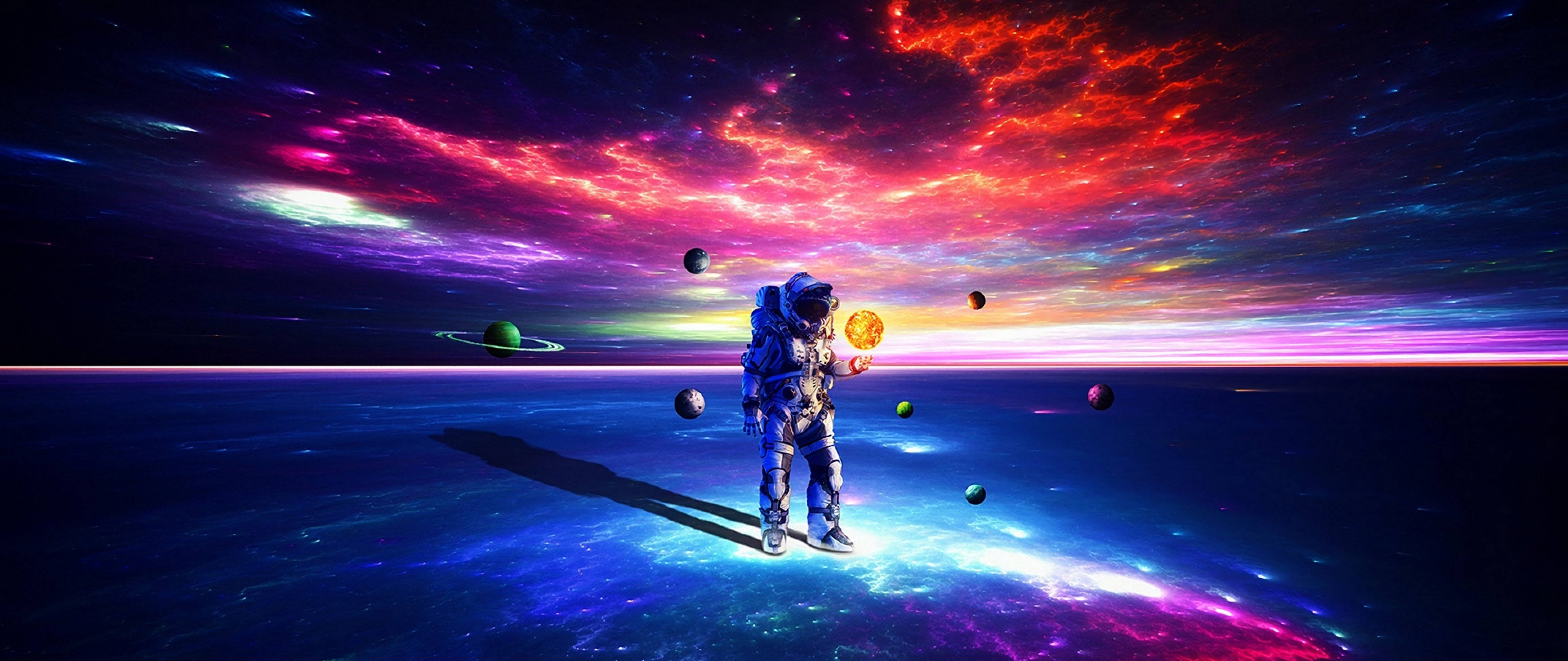 4K ultra widescreen 桌布 壁紙 — 一位太空人站在發光的宇宙行星上，在充滿活力的星雲天空下手持太陽球，周圍有漂浮的行星。