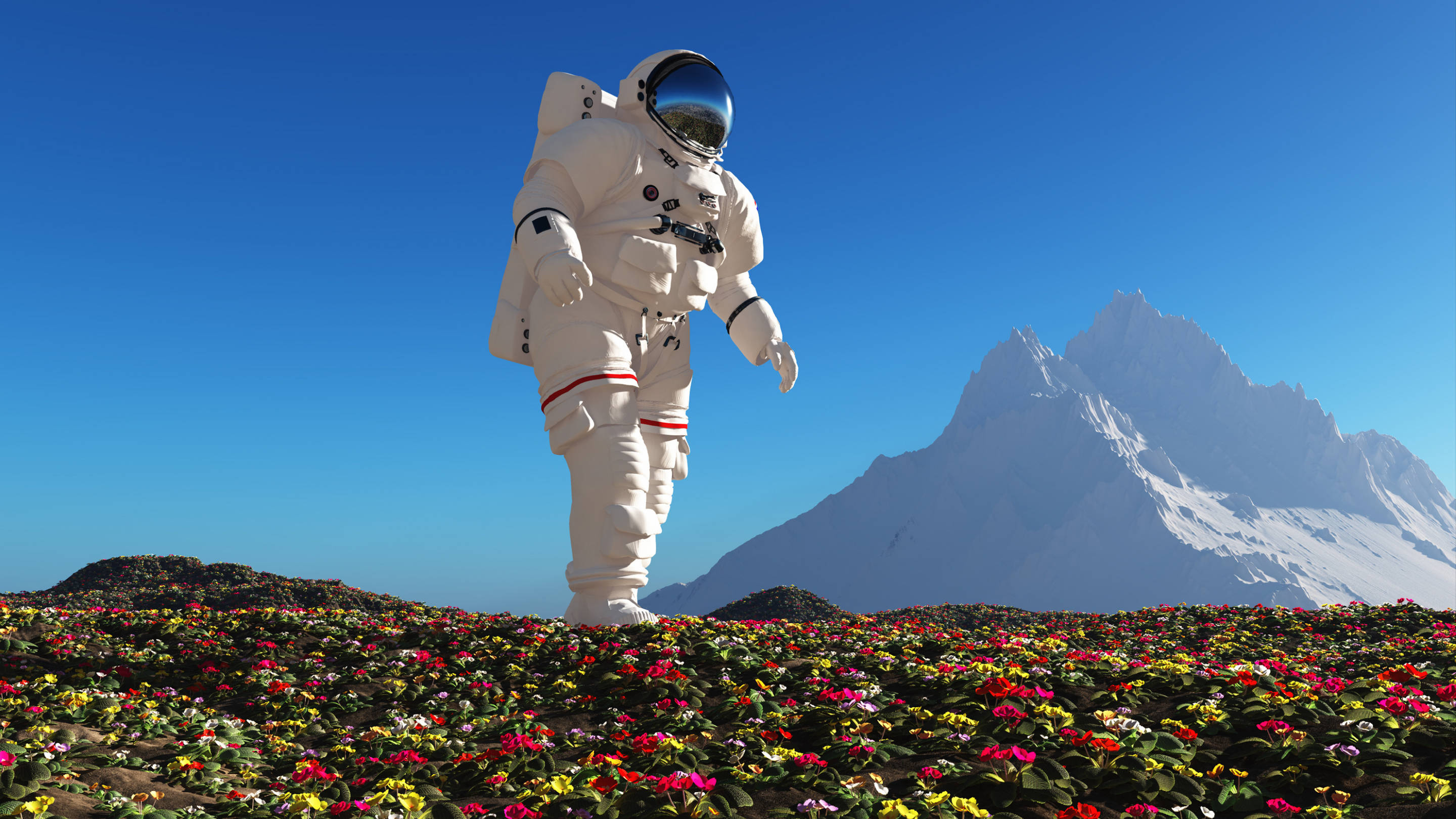 太空人 桌布 壁紙 — 一位太空人走過一片色彩繽紛的花田，背景是晴朗藍天下白雪覆蓋的山峰。