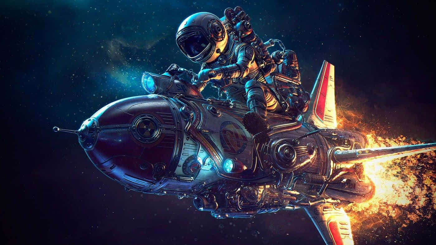 Astronaut Desktop 桌布 壁紙 — 一位太空人騎著未來風格的火箭摩托車，穿越佈滿星光的宇宙虛空，身後拖著熾熱的排氣火焰。