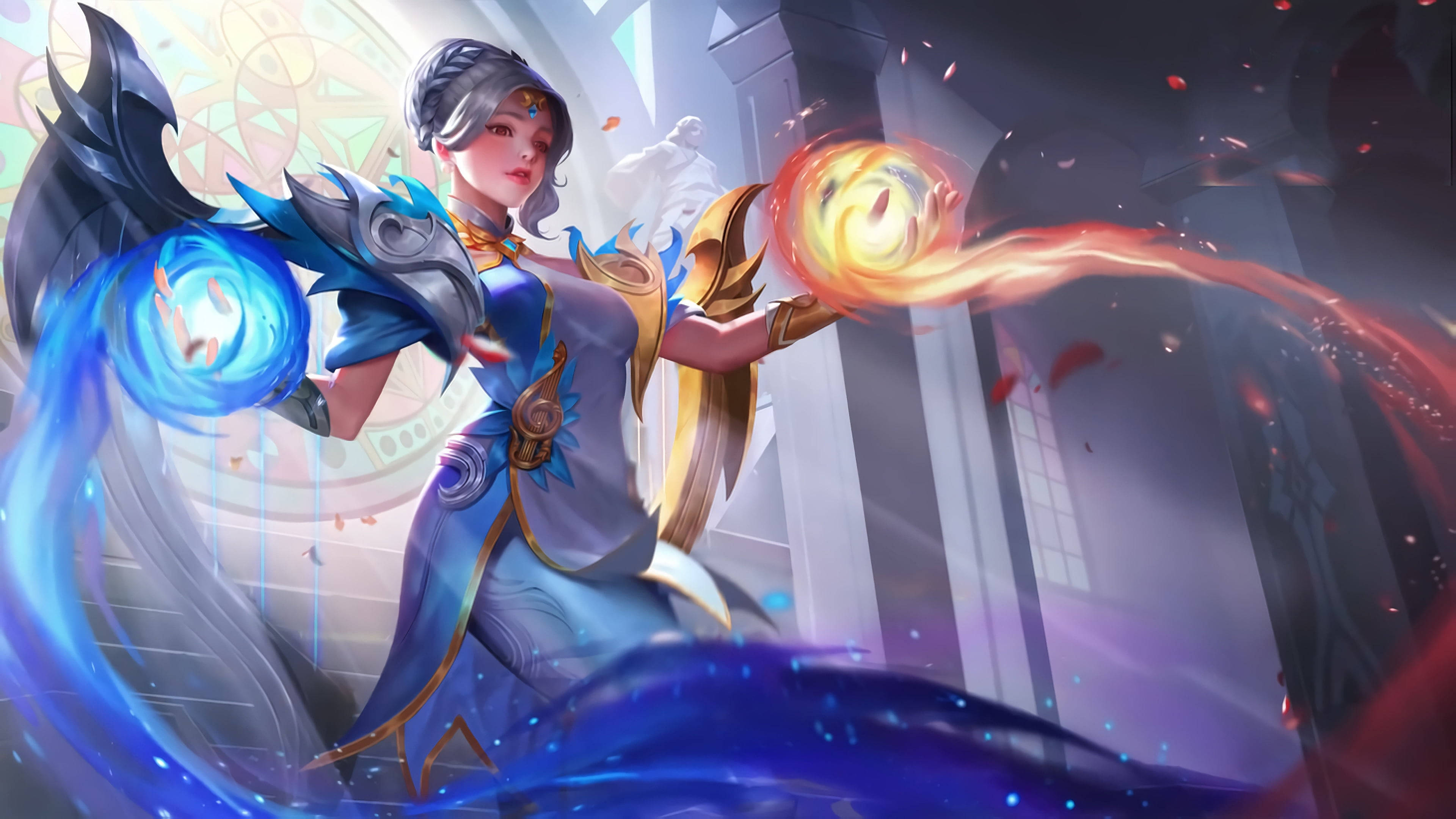 heroes 桌布 壁紙 — 一位奇幻女戰士在宏偉的大教堂式場景中揮舞著旋轉的藍色和橙色魔法能量。