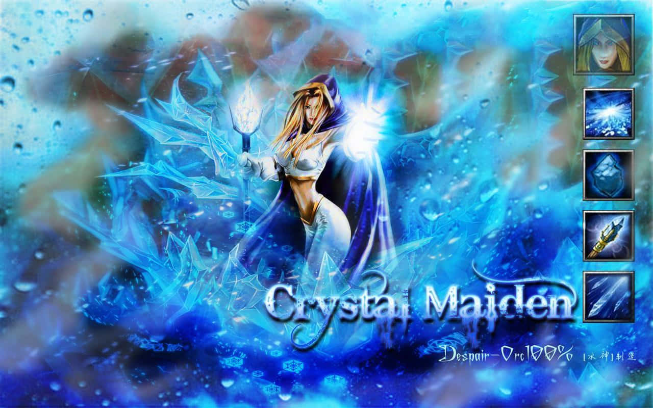 Crystal Maiden 桌布 壁紙 — 一位奇幻女戰士在旋轉的藍色水晶風暴中揮舞著發光的冰魔法。