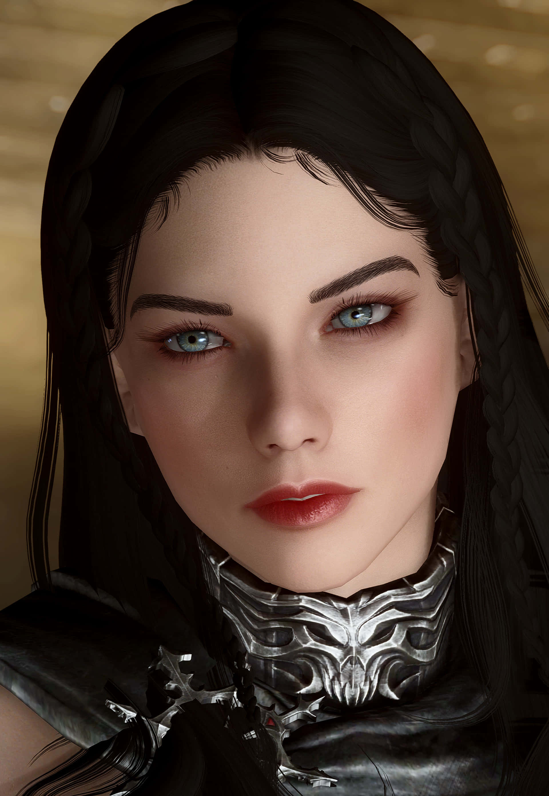 Skyrim Serana 桌布 壁紙 — 一位奇幻女戰士的特寫肖像，擁有編織的黑髮和發光的藍眼睛，身穿華麗的銀色盔甲。