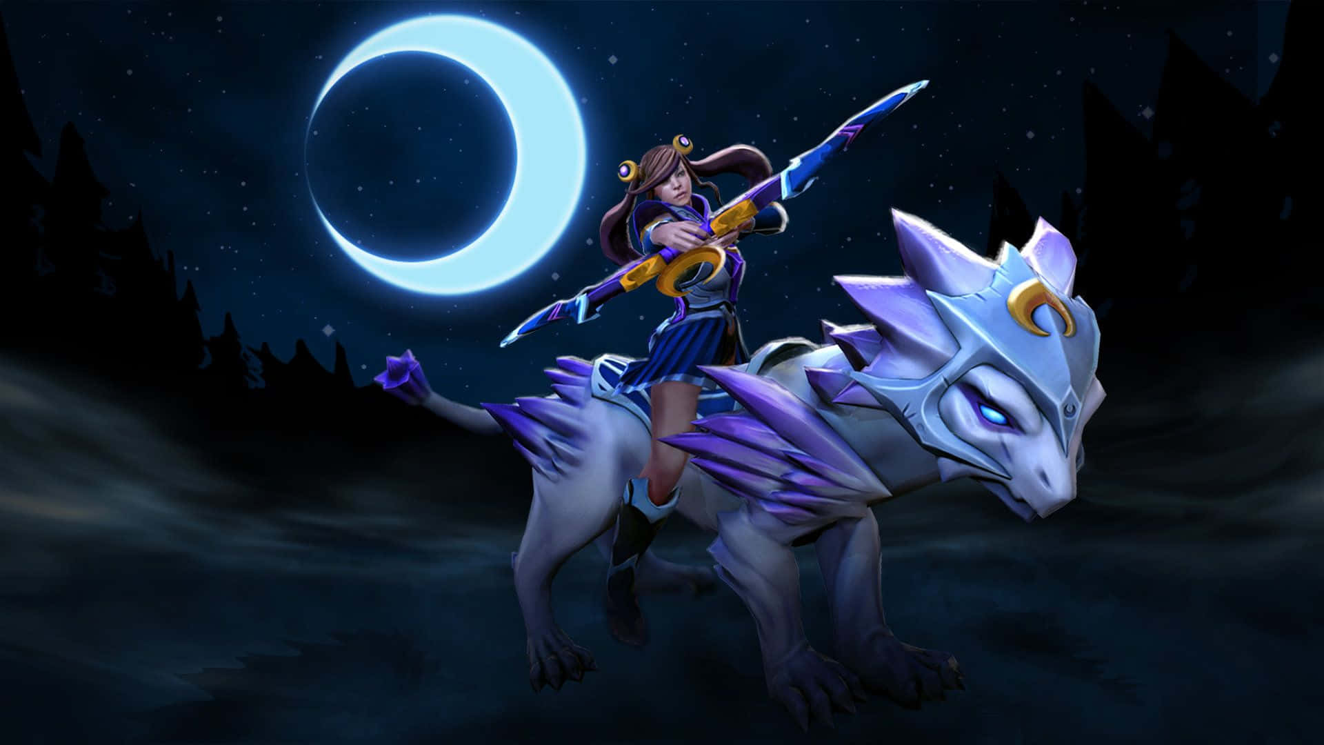 Mirana 桌布 壁紙 — 一位奇幻弓箭手騎著發光的紫色龍，在明亮的彎月下，身處星空夜晚的森林中。