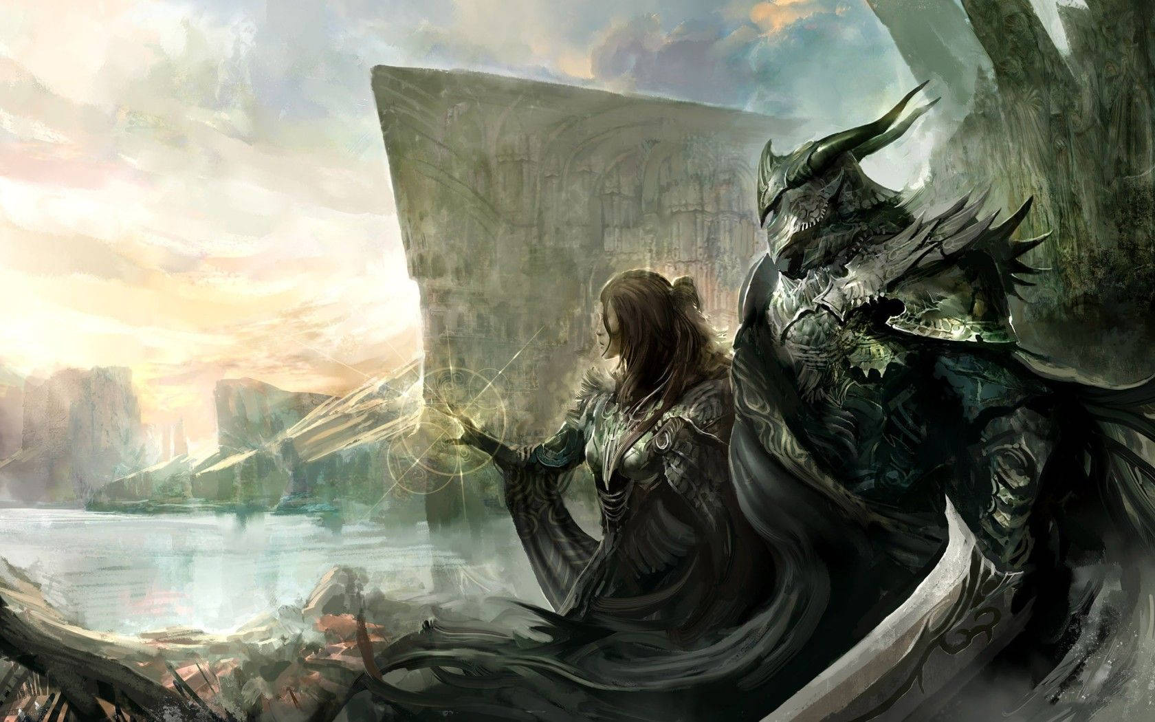 騎士 桌布 壁紙 — 一位奇幻戰士和一條裝甲龍站在一個發光的魔法圈旁，俯瞰著日落時霧氣瀰漫的湖泊。