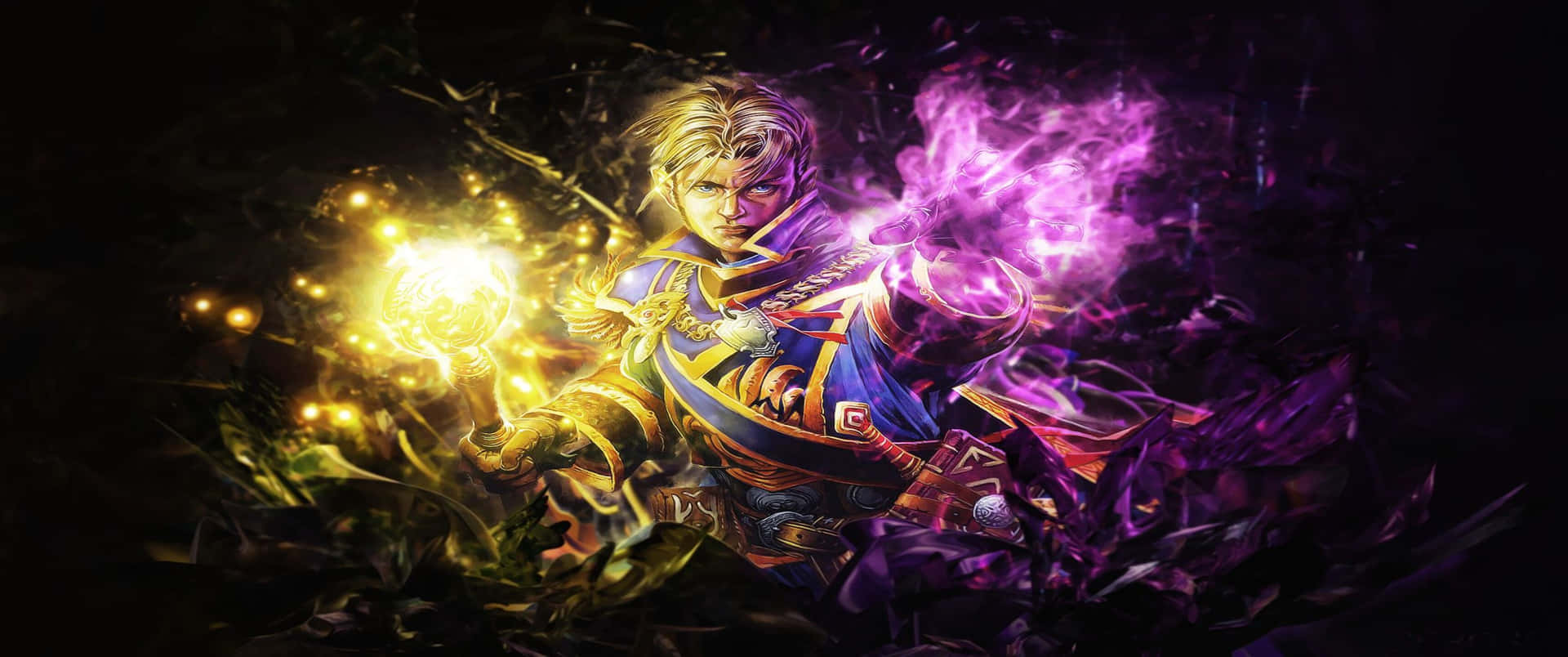 奇幻戰士在黑暗的戰鬥場景中揮舞發光的金色和紫色魔法。 — Fire Emblem Warriors 壁紙