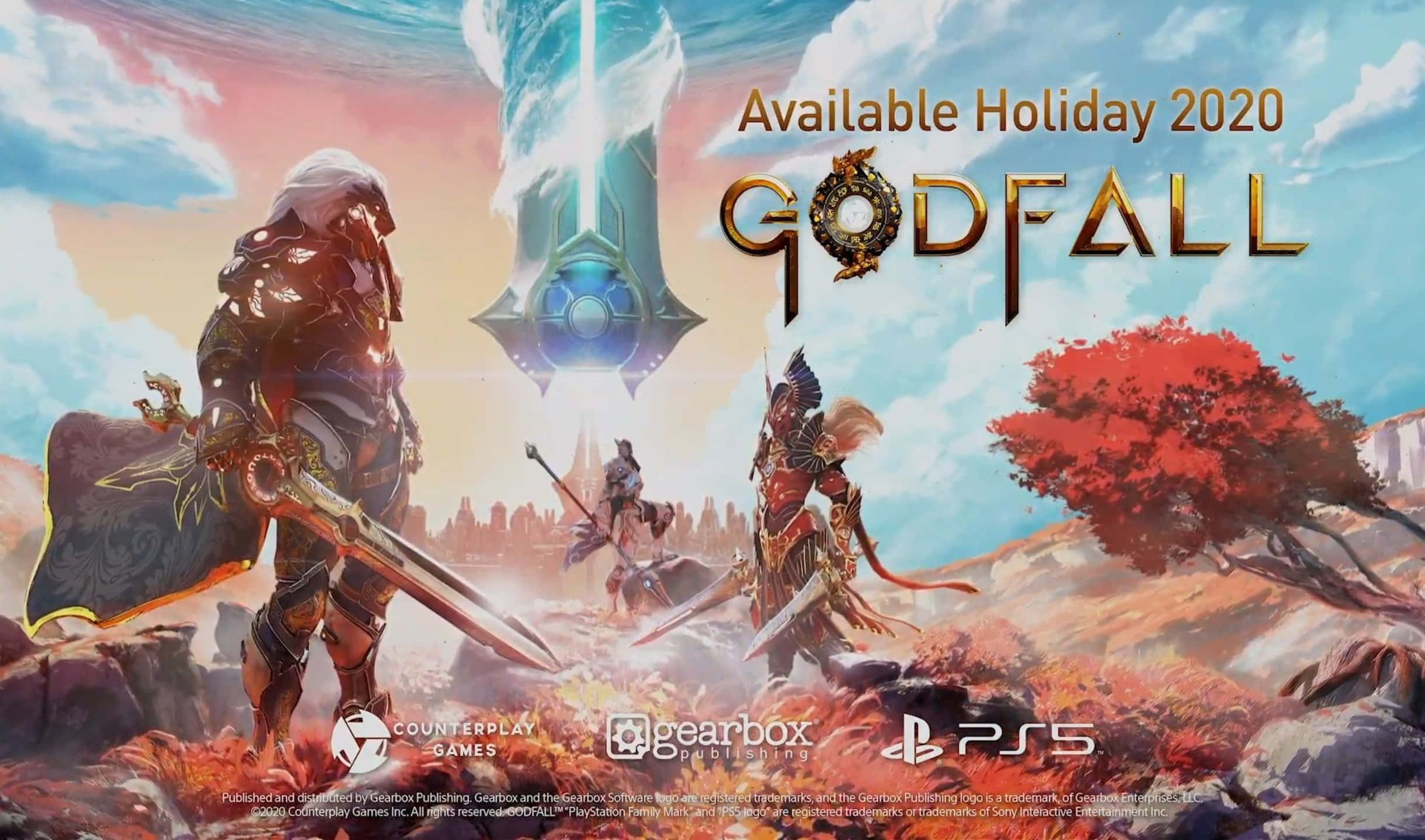 Game Art 桌布 壁紙 — 一位奇幻戰士站在一把發光的劍前，背景是充滿活力的日落景觀，有紅樹和遠處的廢墟。
