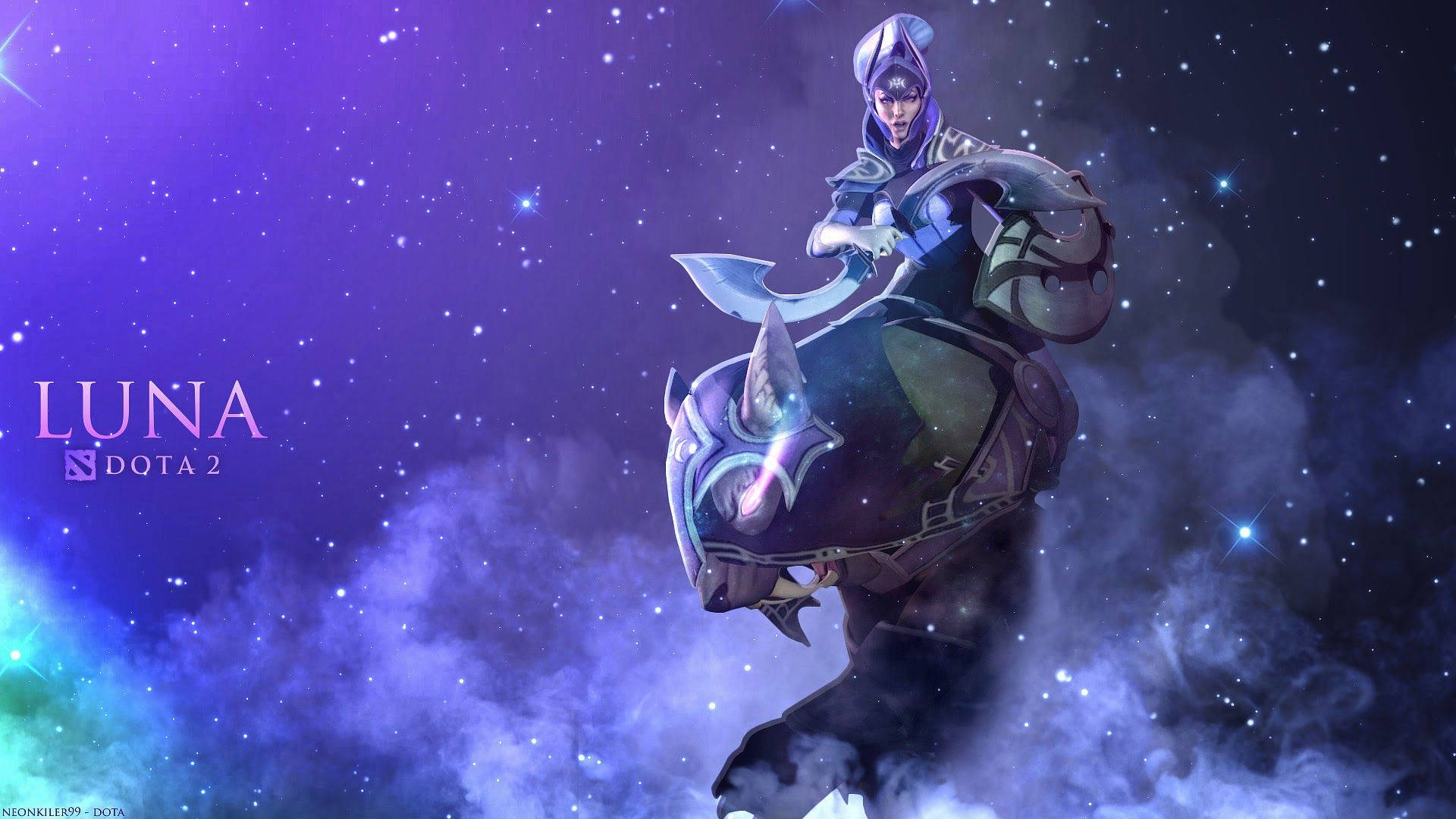 Dota 2 桌布 壁紙 — 一位奇幻戰士騎著裝甲野豬穿過星光燦爛的宇宙天空，散發著紫色和藍色的星雲。