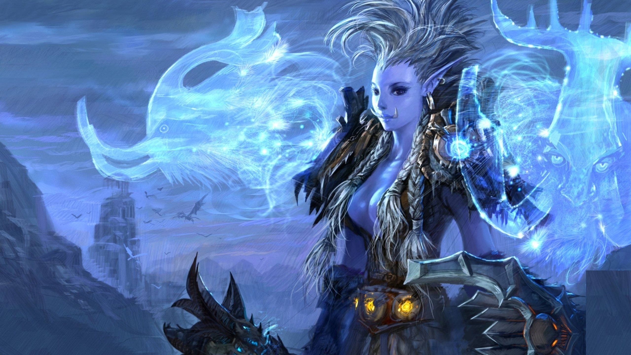 Wow Classic 桌布 壁紙 — 一位奇幻精靈法師帶著發光的藍色魔法，在暴風雨的山景背景下召喚幽靈生物。