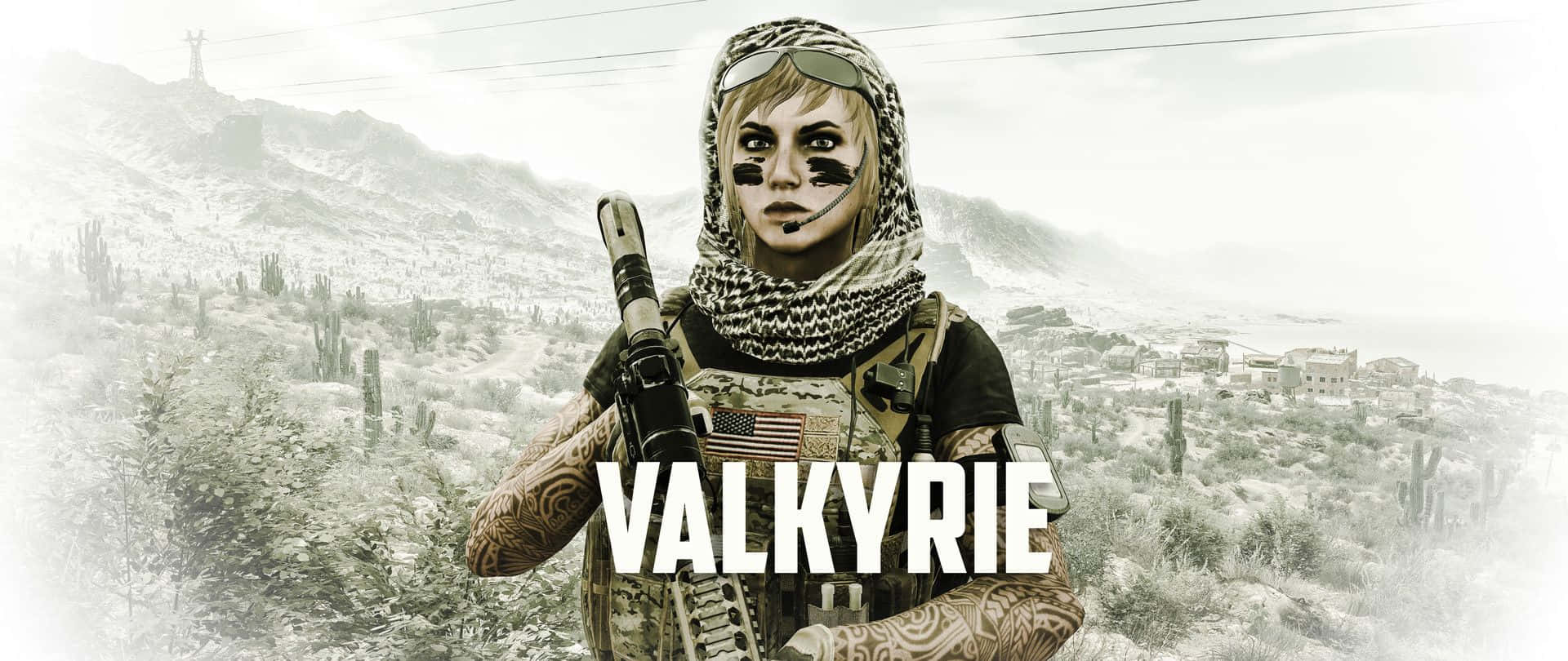 Rainbow Six Siege Valkyrie 桌布 壁紙 — 一位女兵臉上塗有顏料並戴著頭巾，在沙漠峽谷背景下手持步槍，遠處有一座雕像。