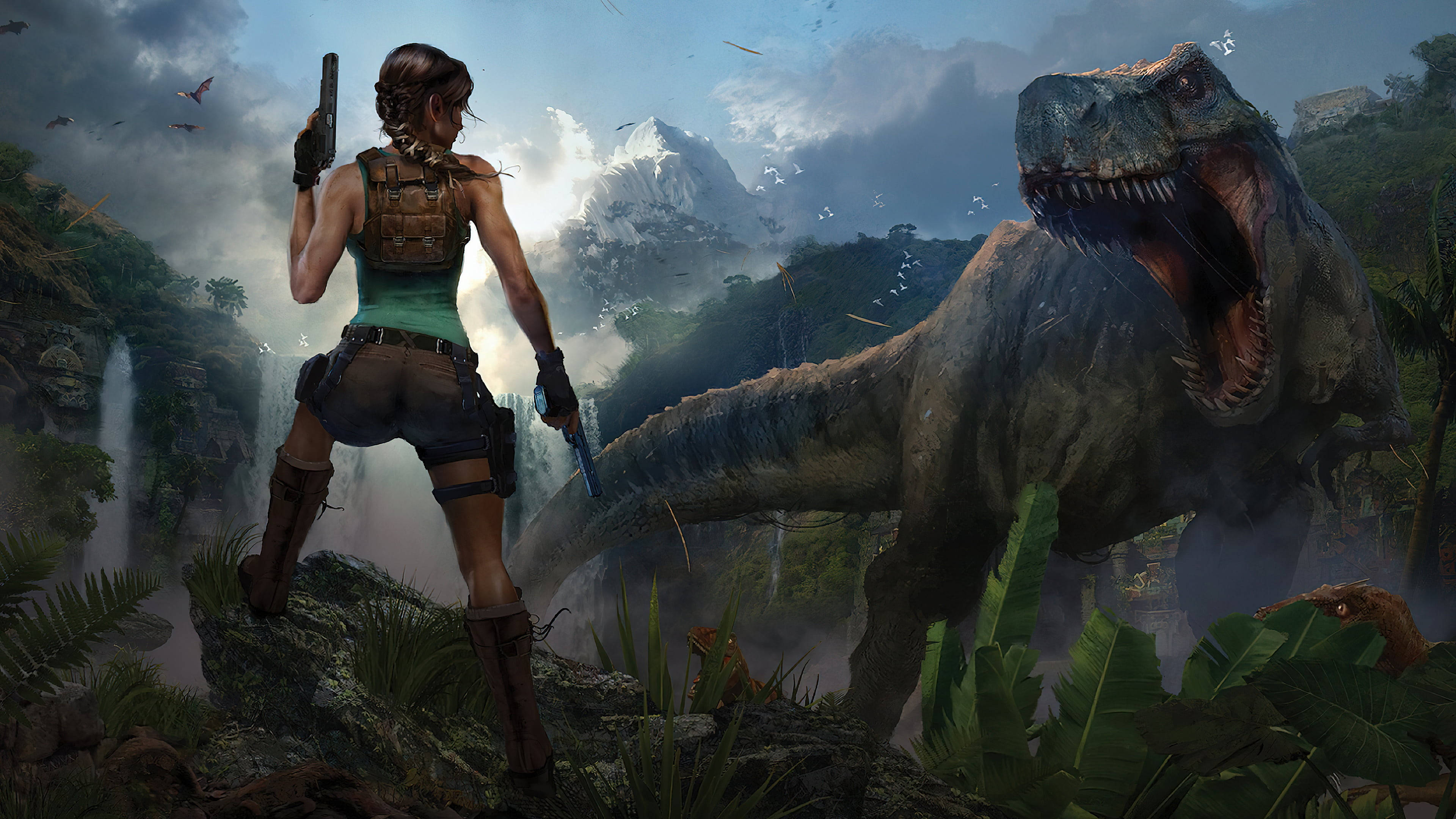 Rise Of The Tomb Raider 桌布 壁紙 — 一位女冒險家手持武器，蓄勢待發，而一隻咆哮的暴龍在迷霧籠罩的叢林山谷中若隱若現，背景有瀑布和遠山。