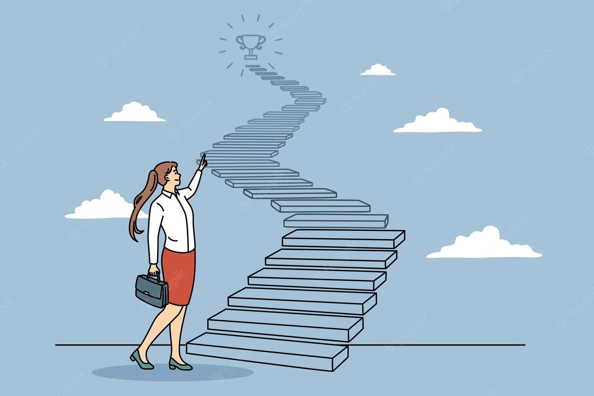 Career 桌布 壁紙 — 一位女商人登上浮動樓梯，走向雲天下發光的獎盃。
