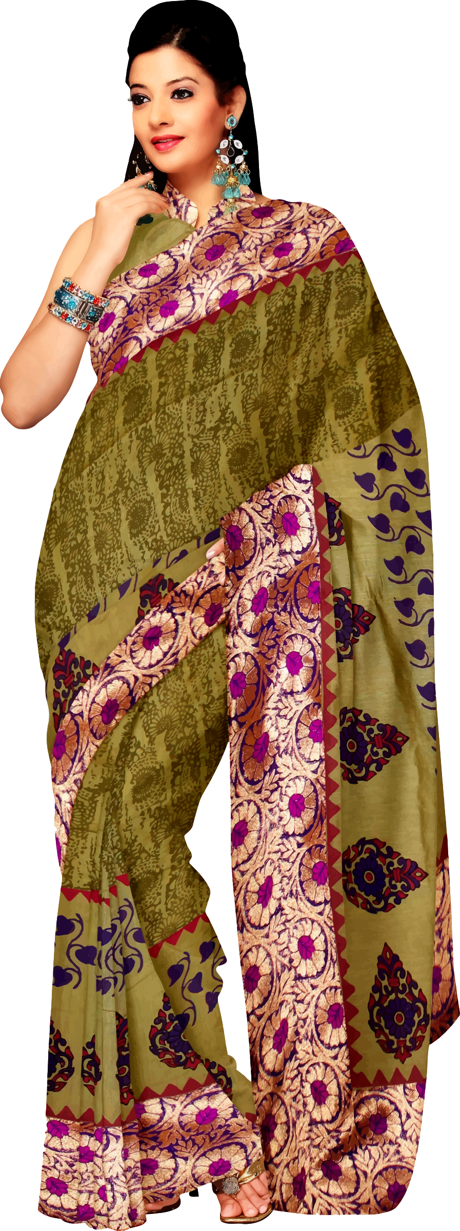 Saree 桌布 壁紙 — 一位女士優雅地披著綠色和紫色圖案的紗麗，帶有精緻的邊框和傳統珠寶，背景為黑色。