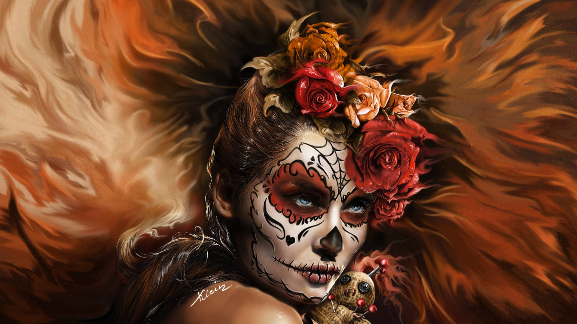 糖骷髏 桌布 壁紙 — 一位女士化著糖骷髏妝，頭髮上插著紅玫瑰，在旋轉的橙色火焰中漂浮。
