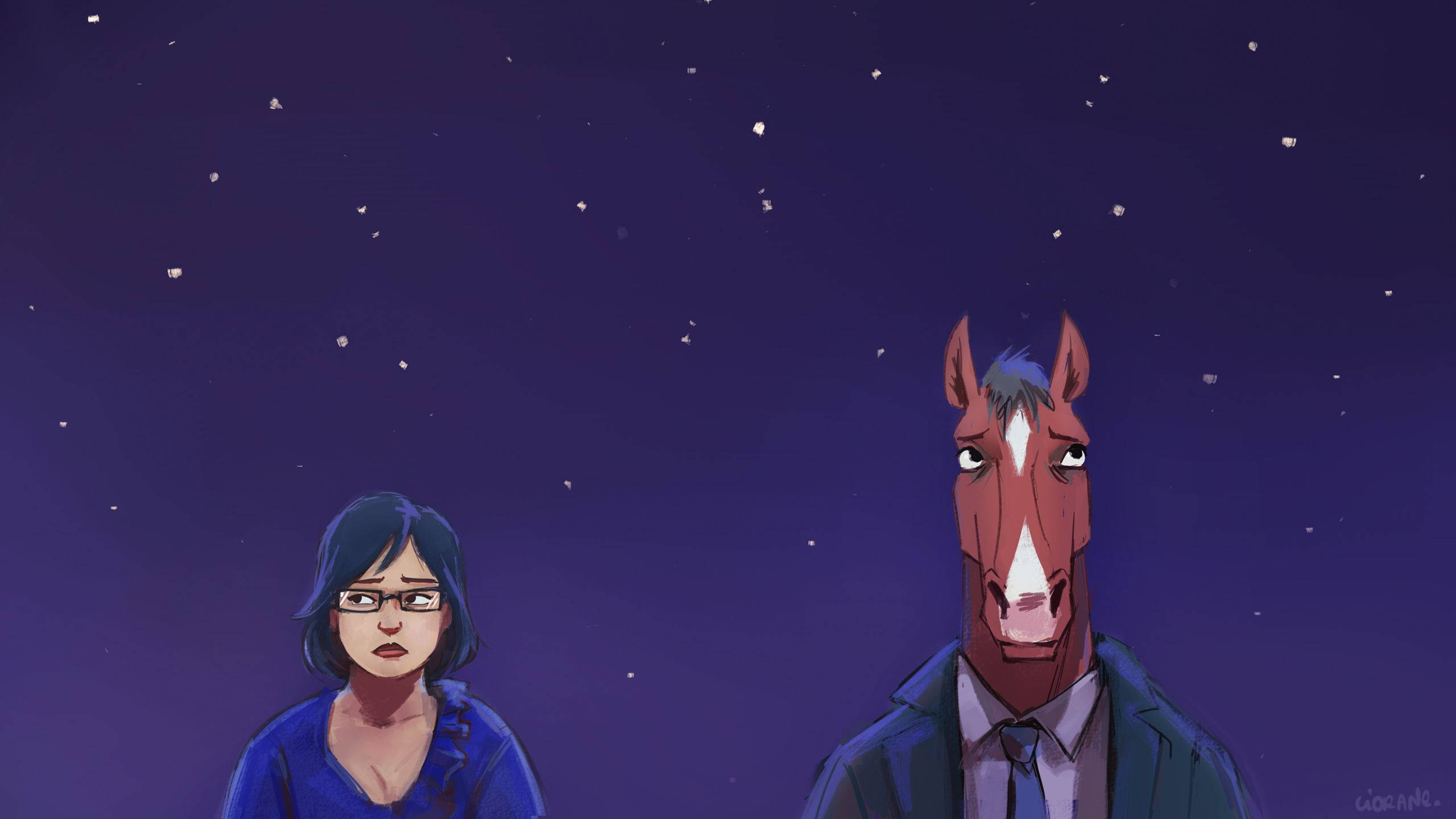 bojack 桌布 壁紙 — 一位女士和一位馬頭男士穿著西裝，在繁星點點的紫色夜空下，表情嚴肅地站著。