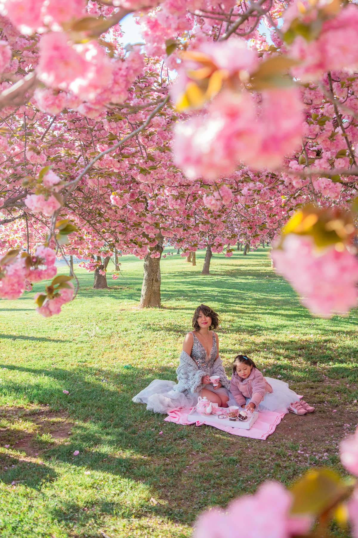 Aesthetic Spring 桌布 壁紙 — 一位女士和一個孩子在陽光明媚的公園裡，在鮮豔的粉紅色櫻花樹蔭下享用茶。