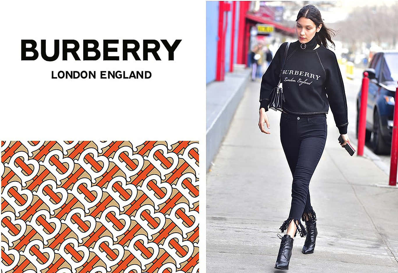 Burberry 桌布 壁紙 — 一位女士在城市人行道上行走，身穿黑色Burberry連帽衫和牛仔褲，旁邊有Burberry標誌和經典格紋圖案。