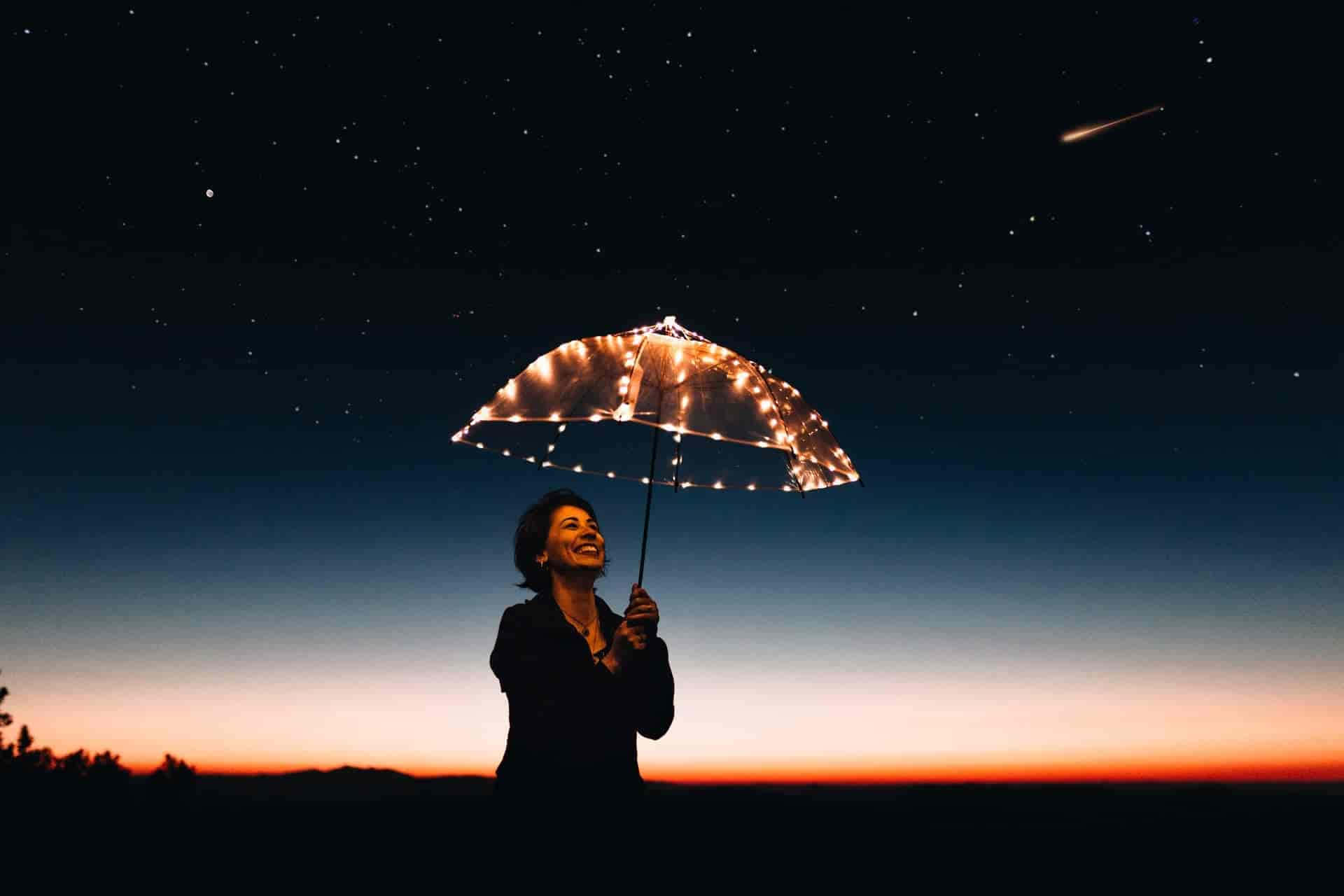 Unique 桌布 壁紙 — 一位女士在閃爍的燈串傘下微笑，背景是暮色天空，有星星和一顆流星。