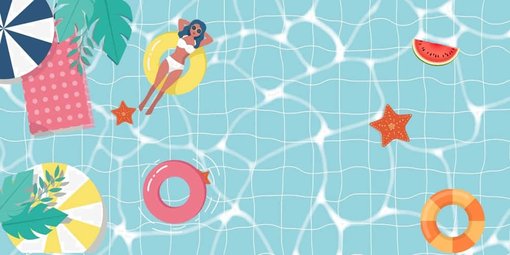 Swimming Pool 桌布 壁紙 — 一位女士在陽光普照的泳池中躺在黃色浮床上，周圍環繞著熱帶葉子、西瓜片和色彩繽紛的泳池玩具。