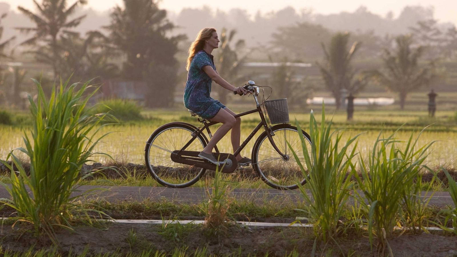 bike riding 桌布 壁紙 — 一位女士在黃金時段騎著復古腳踏車，沿著鄉間小路穿過翠綠的稻田。