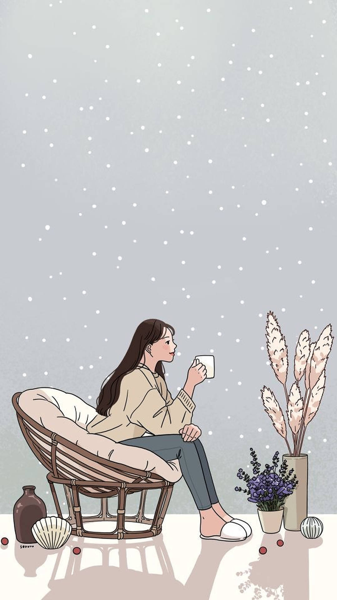女士坐在藤椅上，在下雪天氣中靠近蒲葦和薰衣草喝茶。 — 美少女動態圖 壁紙
