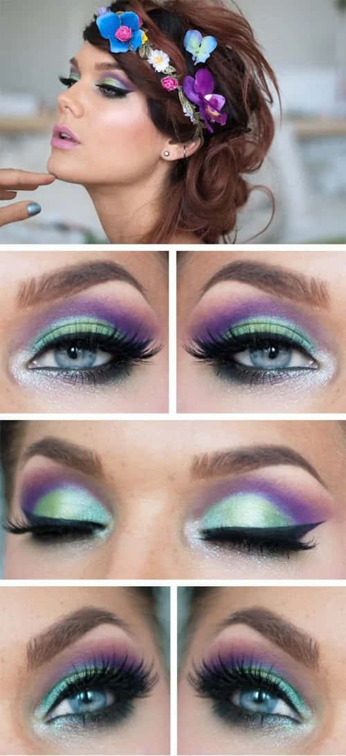 Spring Makeup 桌布 壁紙 — 一位女士塗上鮮豔的紫色和藍綠色眼影，戴著花卉頭飾，在美容教學拼貼中向上凝視。