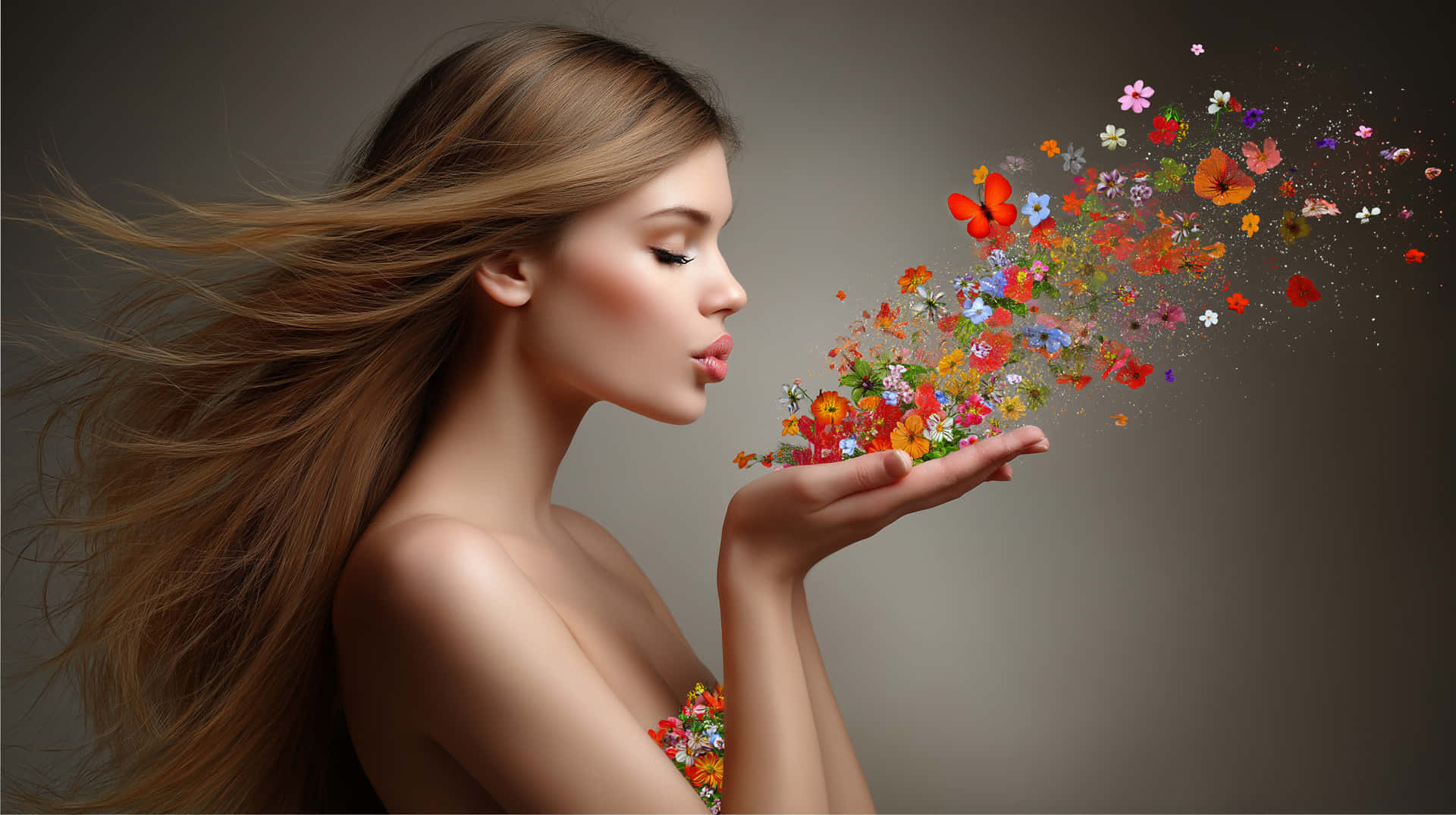 Woman Releasing Colorful Blooms and Butterflies 壁紙 — 一位女士對著中性灰色背景，從嘴唇吹出一串鮮豔多彩的花朵，落入她捧著的手中。