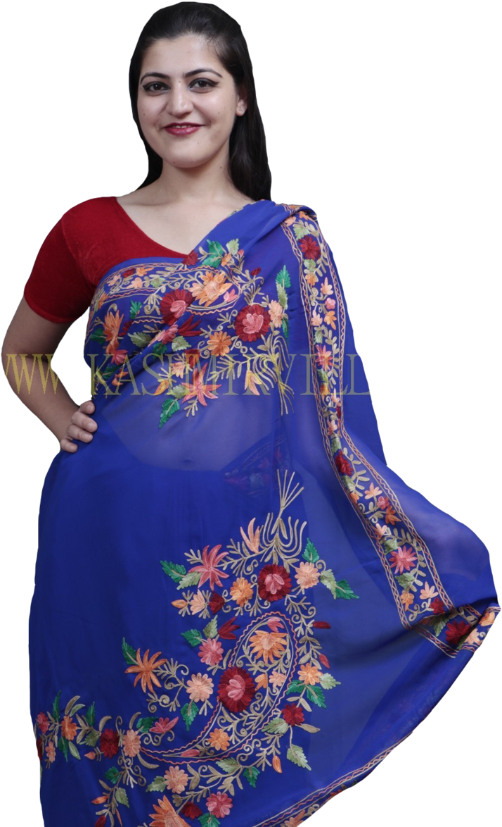 Saree 桌布 壁紙 — 一位女士微笑著，身穿鮮豔的藍色刺繡紗麗，帶有紅色花卉圖案，背景為黑色。