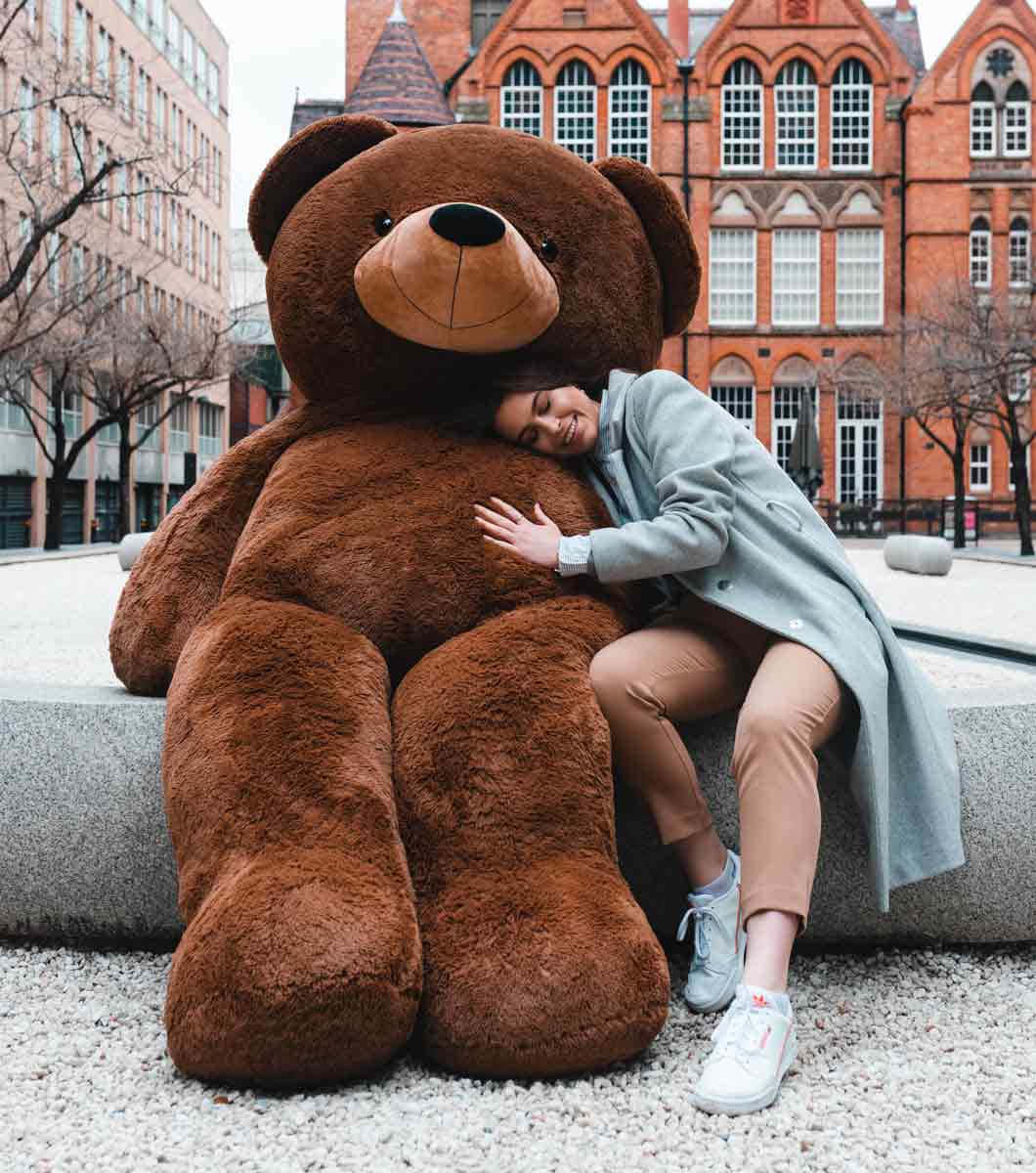 Teddy Bear 桌布 壁紙 — 一位女士微笑著擁抱一隻坐在紅磚建築前石凳上的巨大棕色泰迪熊。