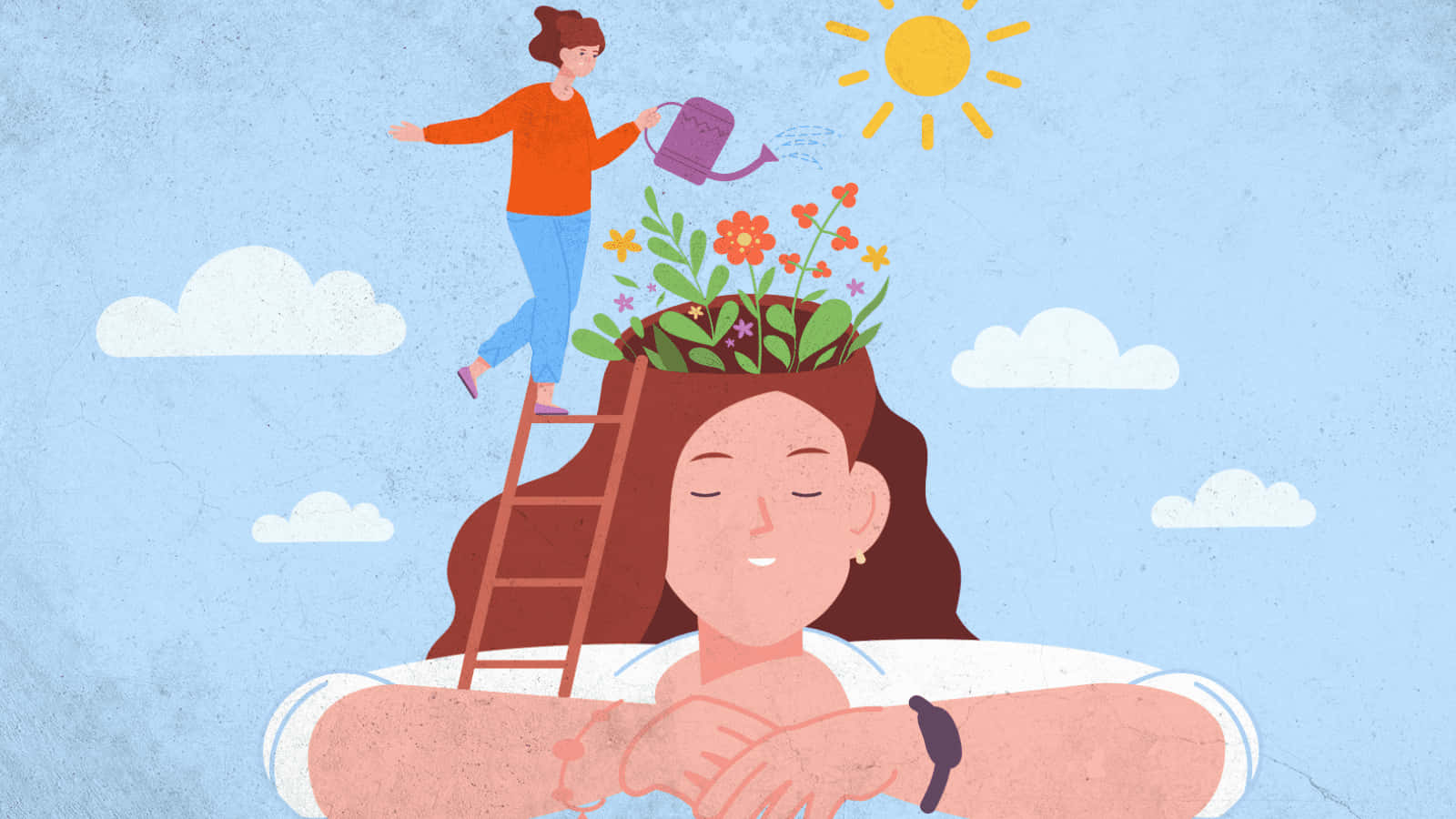 藝術 桌布 壁紙 — 一位女士正在放鬆，而一個較小的她自己正在為從她頭上長出的花朵澆水，天空晴朗。