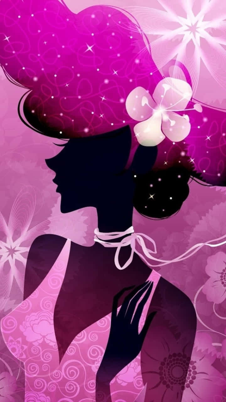 少女風 桌布 壁紙 — 一位女士的側面剪影，戴著一頂裝飾有花朵和閃爍星星的大粉紅色帽子，背景是充滿活力的紫色花卉圖案。