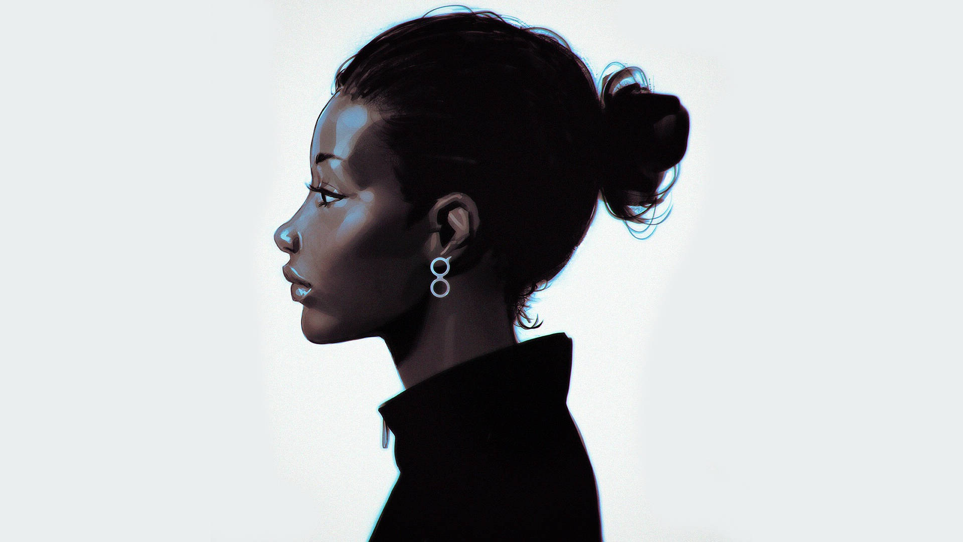 Black Girl 桌布 壁紙 — 一位女士的寧靜側面輪廓，深色頭髮盤成髮髻，戴著銀色圓環耳環，背景是柔和的白色。