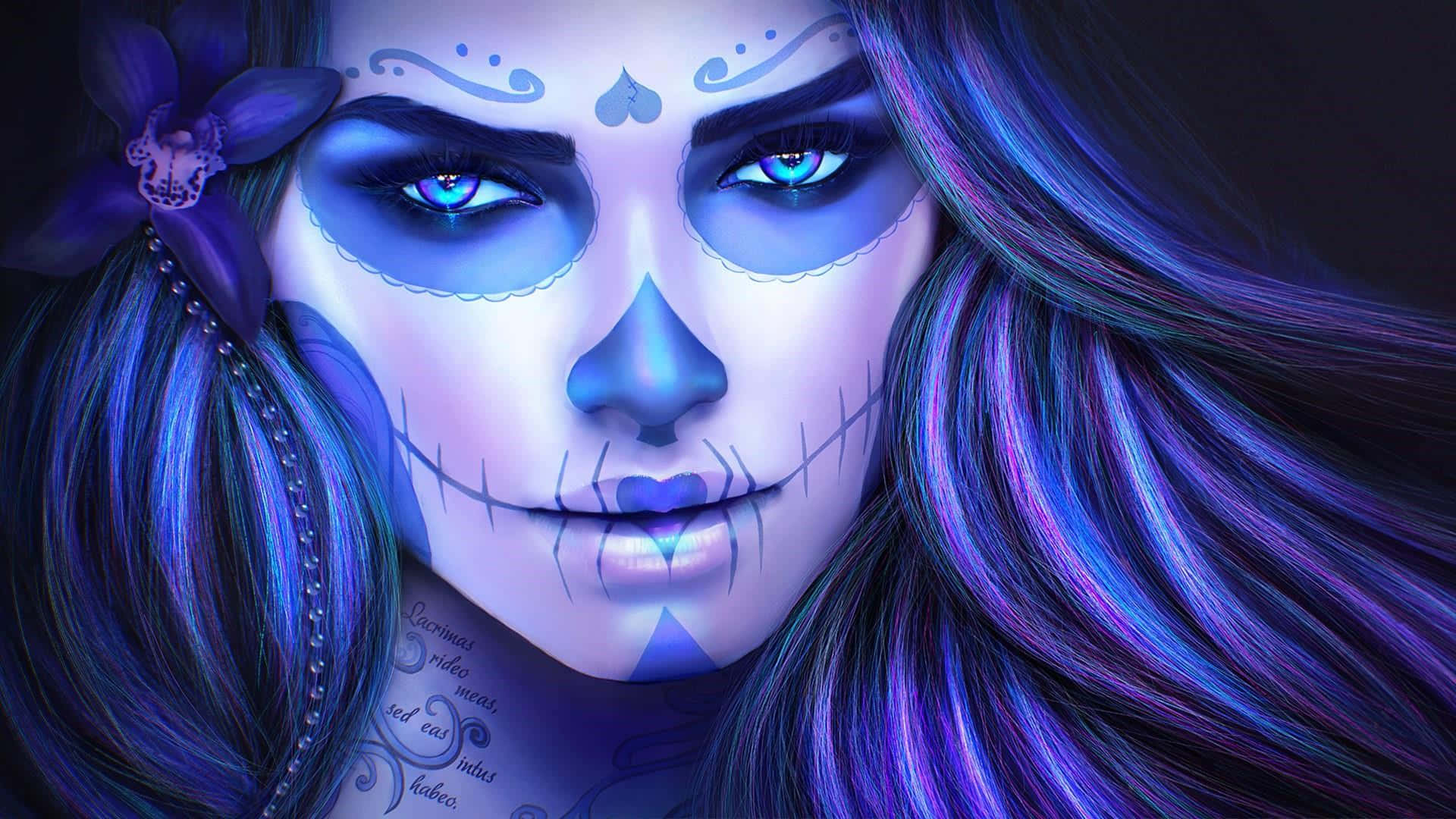 Day Of The Dead 桌布 壁紙 — 一位女士的數位肖像，擁有充滿活力的藍色和紫色頭髮，飾有糖骷髏化妝和紫色蘭花。