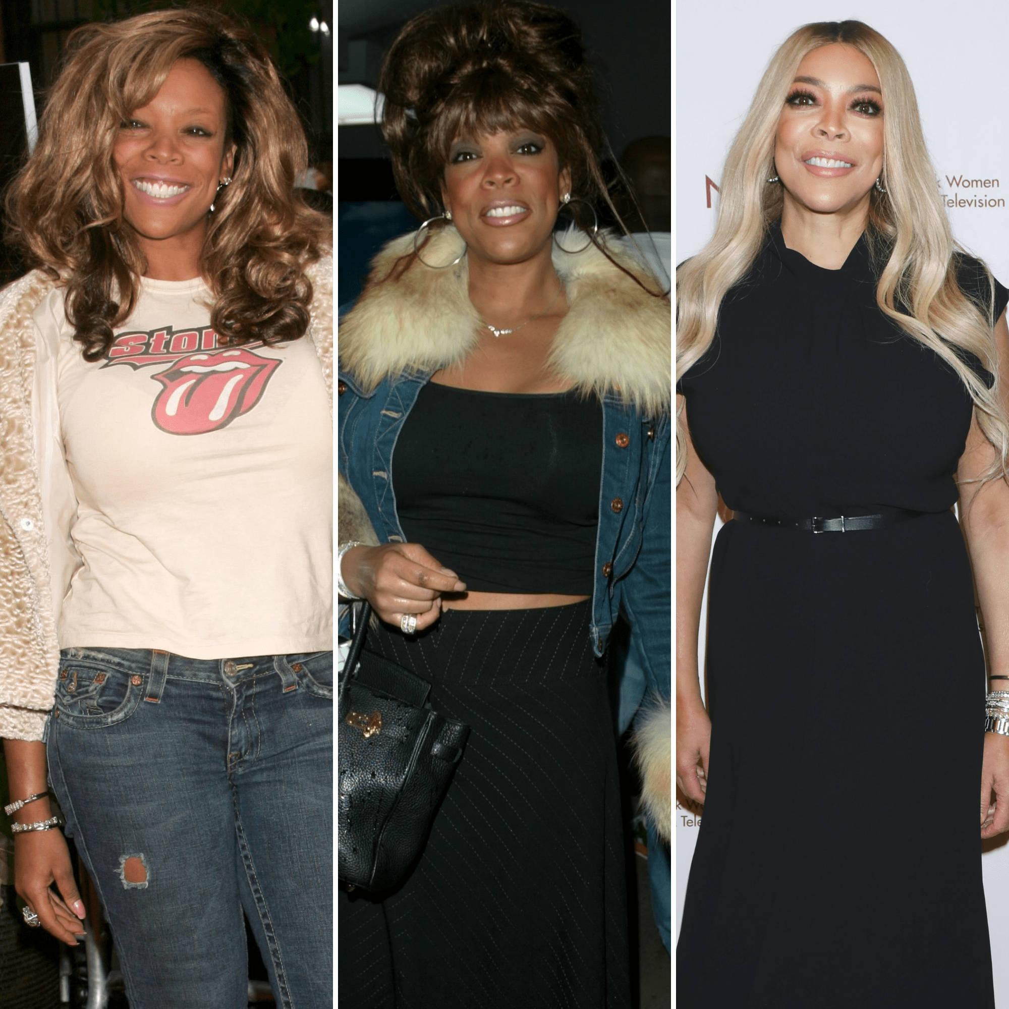 Celebrity 桌布 壁紙 — 一位女士穿著三種不同服裝的三聯畫，展示她從休閒搖滾T恤到迷人黑色連衣裙的演變風格。